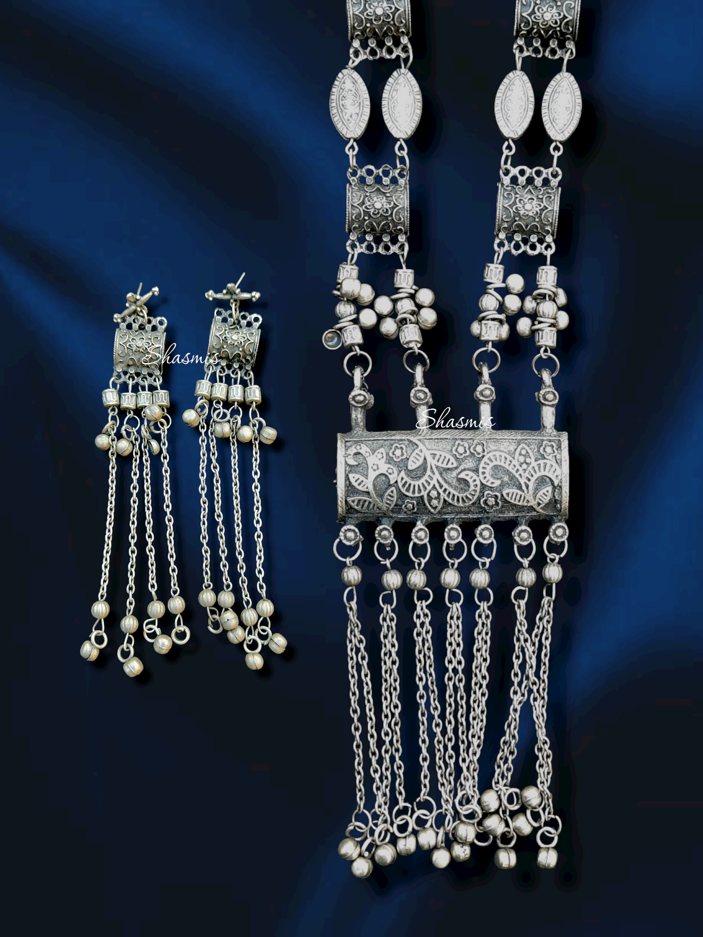 Long Afghani Oxidised Necklace with Long Drop Chain Ghungroo