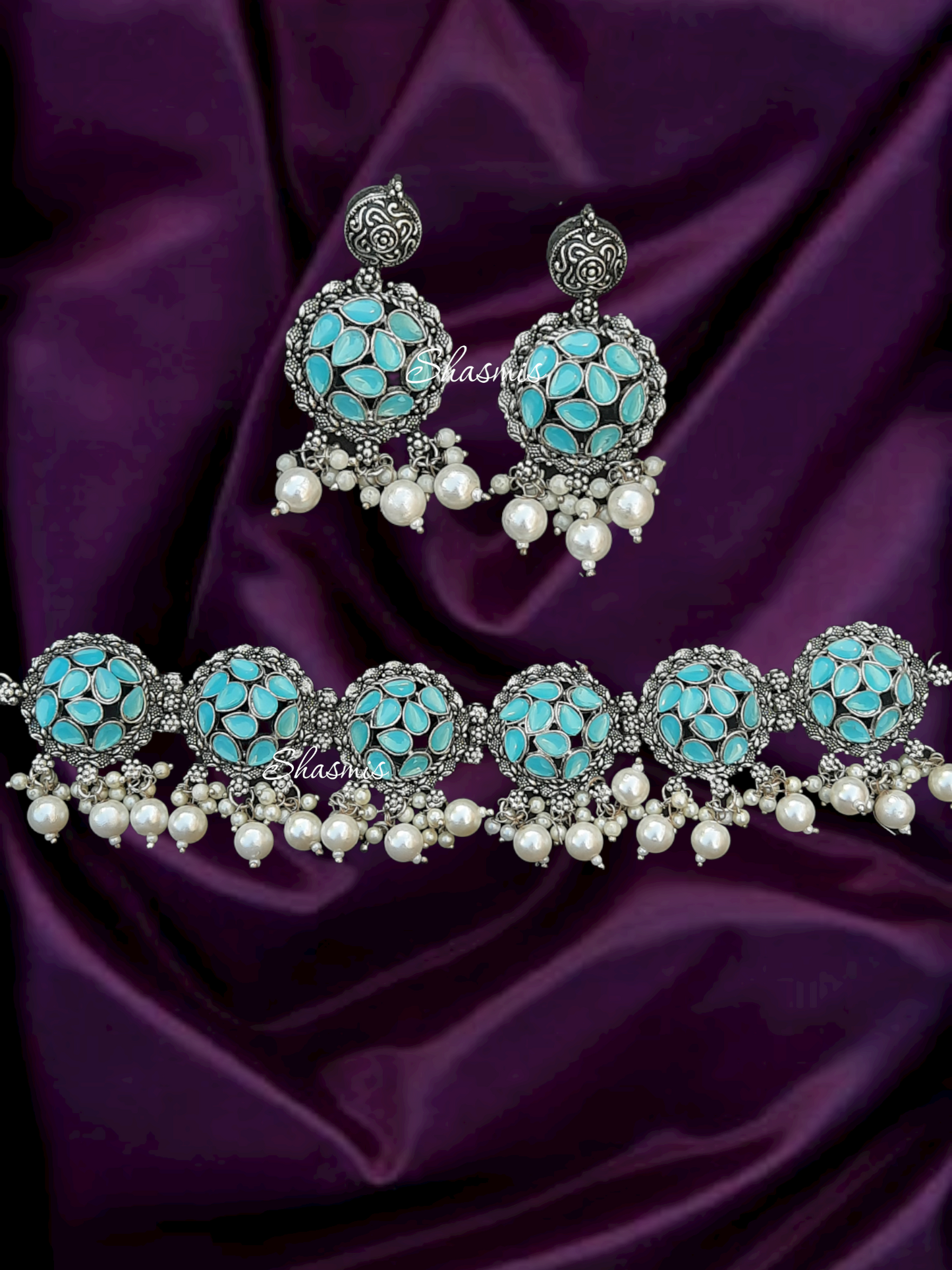 Blue Color Stone Oxidised Choker With Earrings