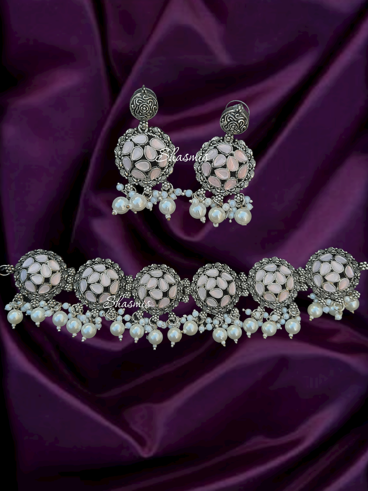 Baby pink Color Oxidised Choker With Earrings