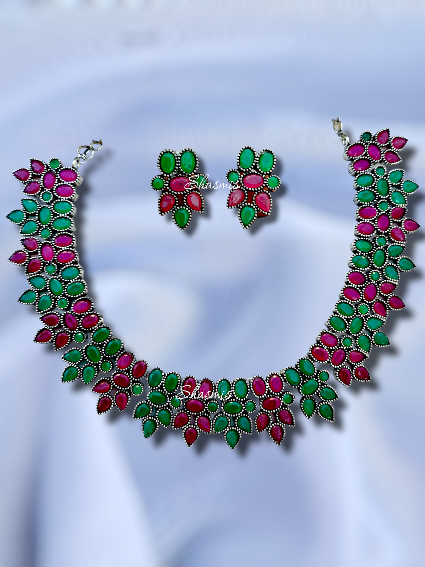 Ruby and Green Stone Statement Necklace With Earrings