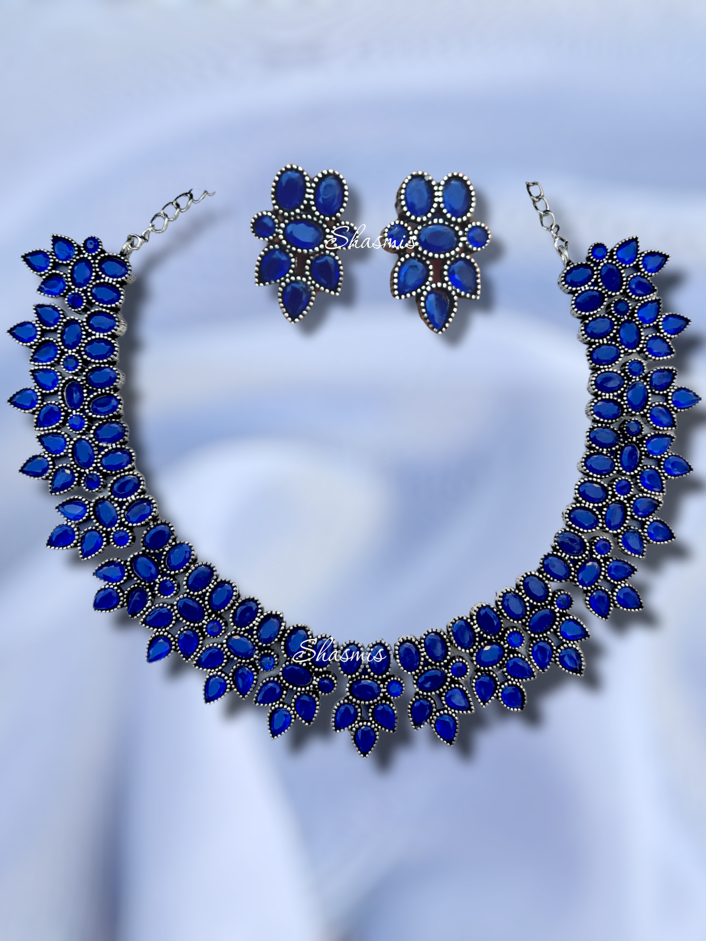 Blue Color Stone Oxidised Necklace With Earrings