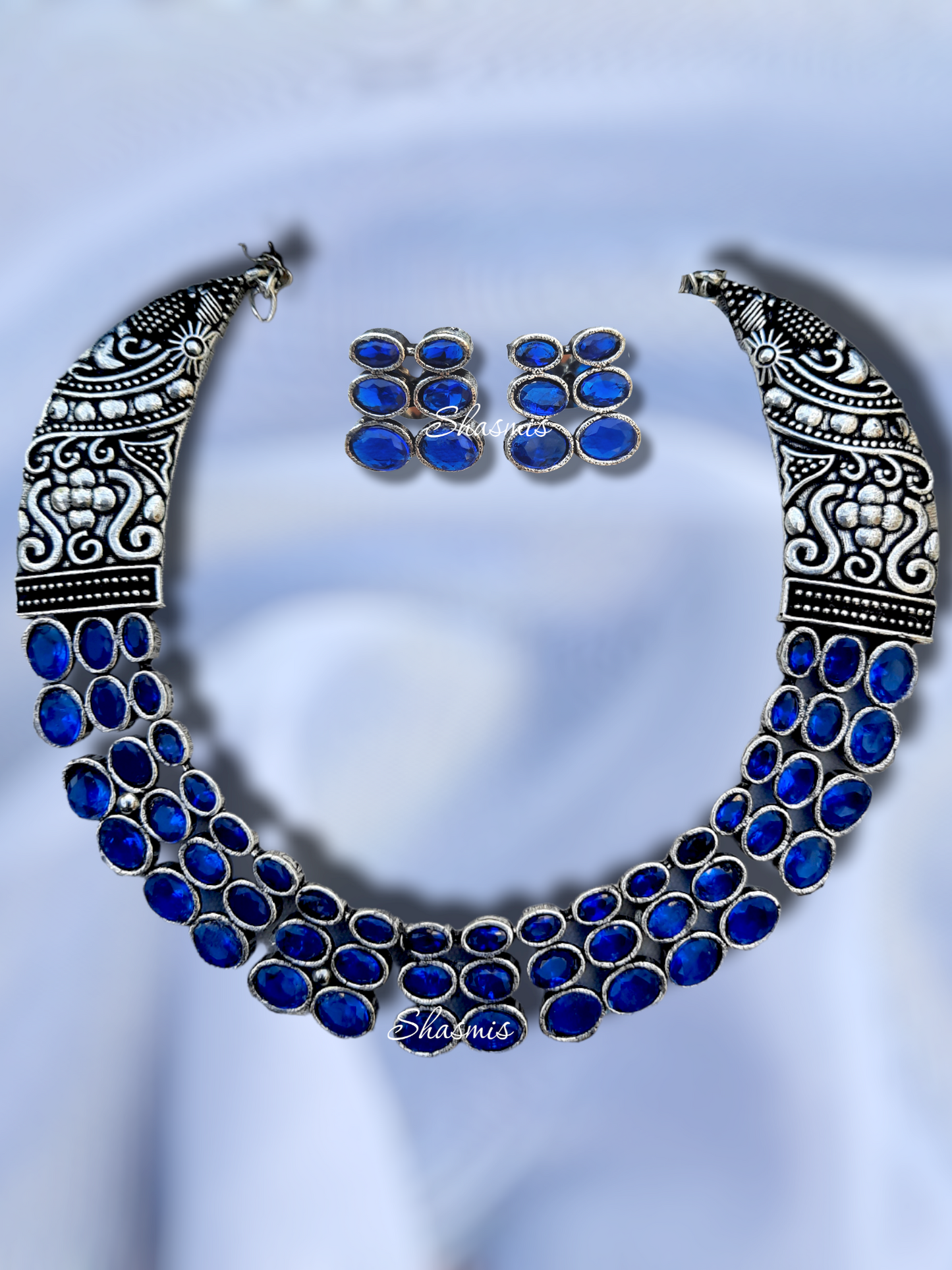 Blue Color Statement Oxidised Necklace With Earrings