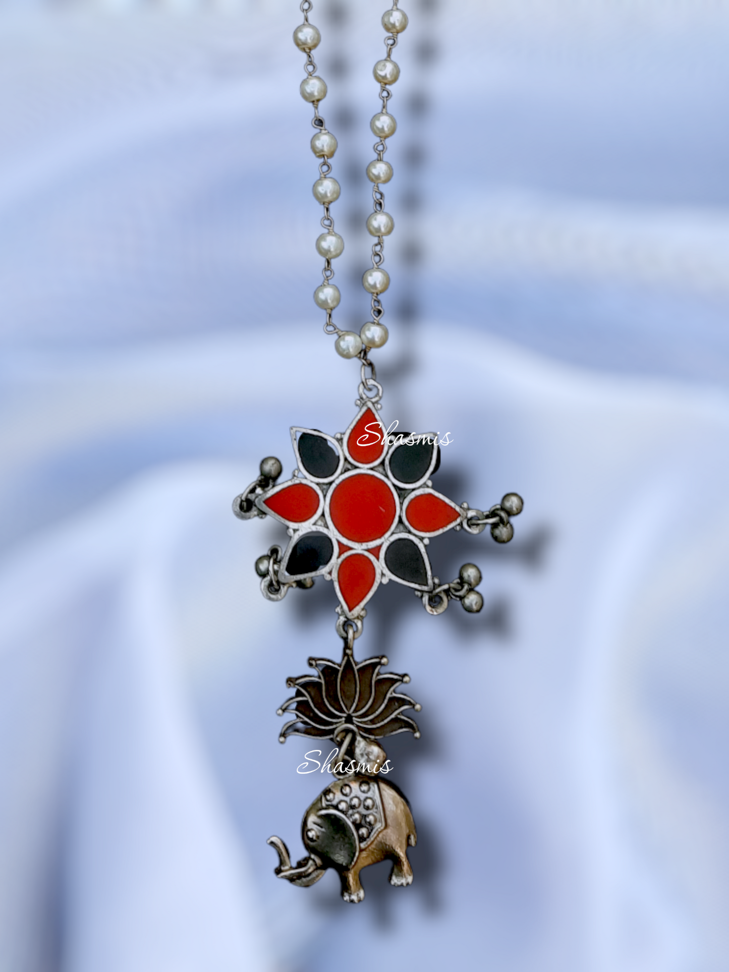 Lotus with Elephant On Drop Pearl Necklace