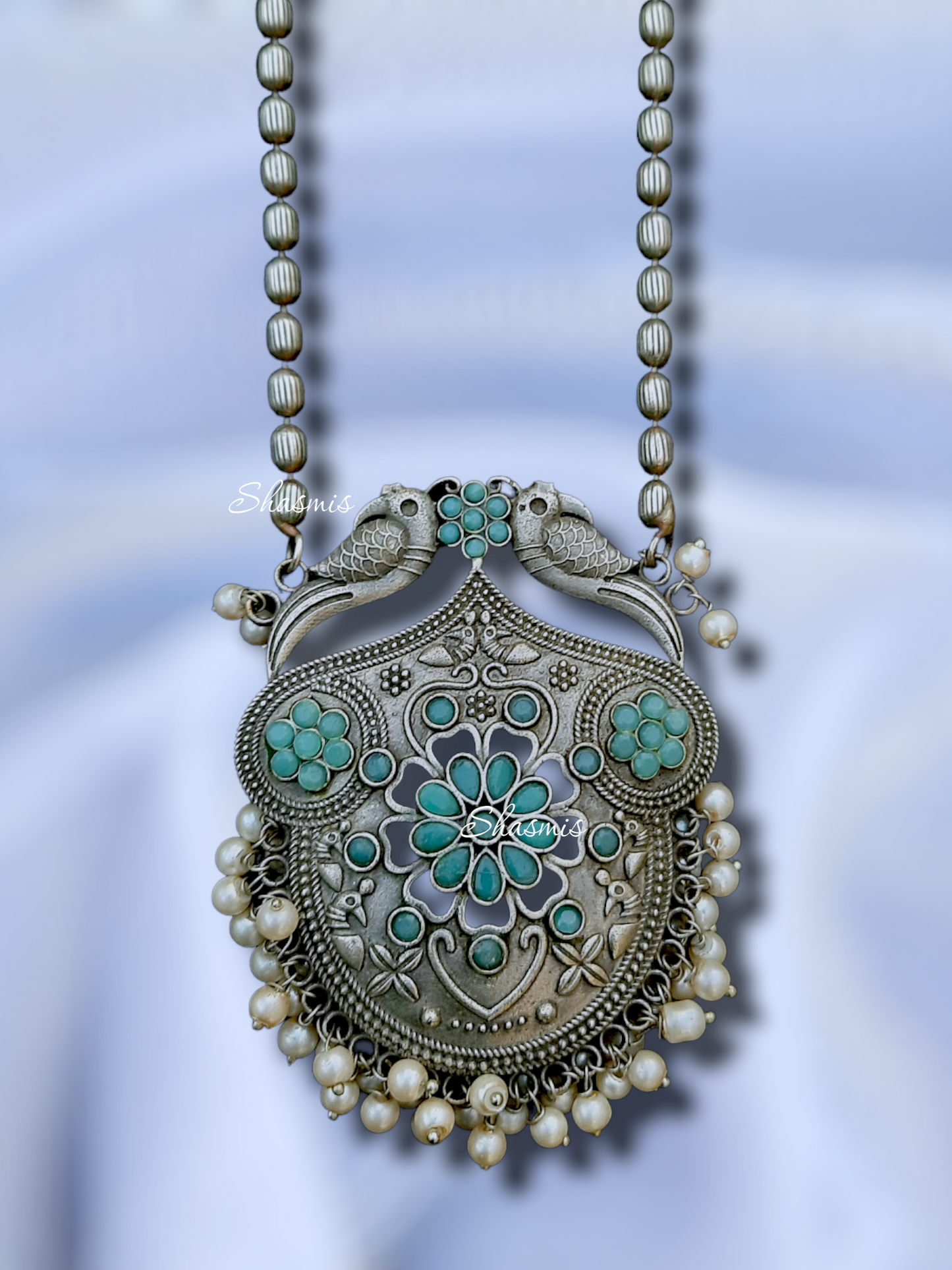 Sky Blue Color Wide Pendent Oxidised Necklace