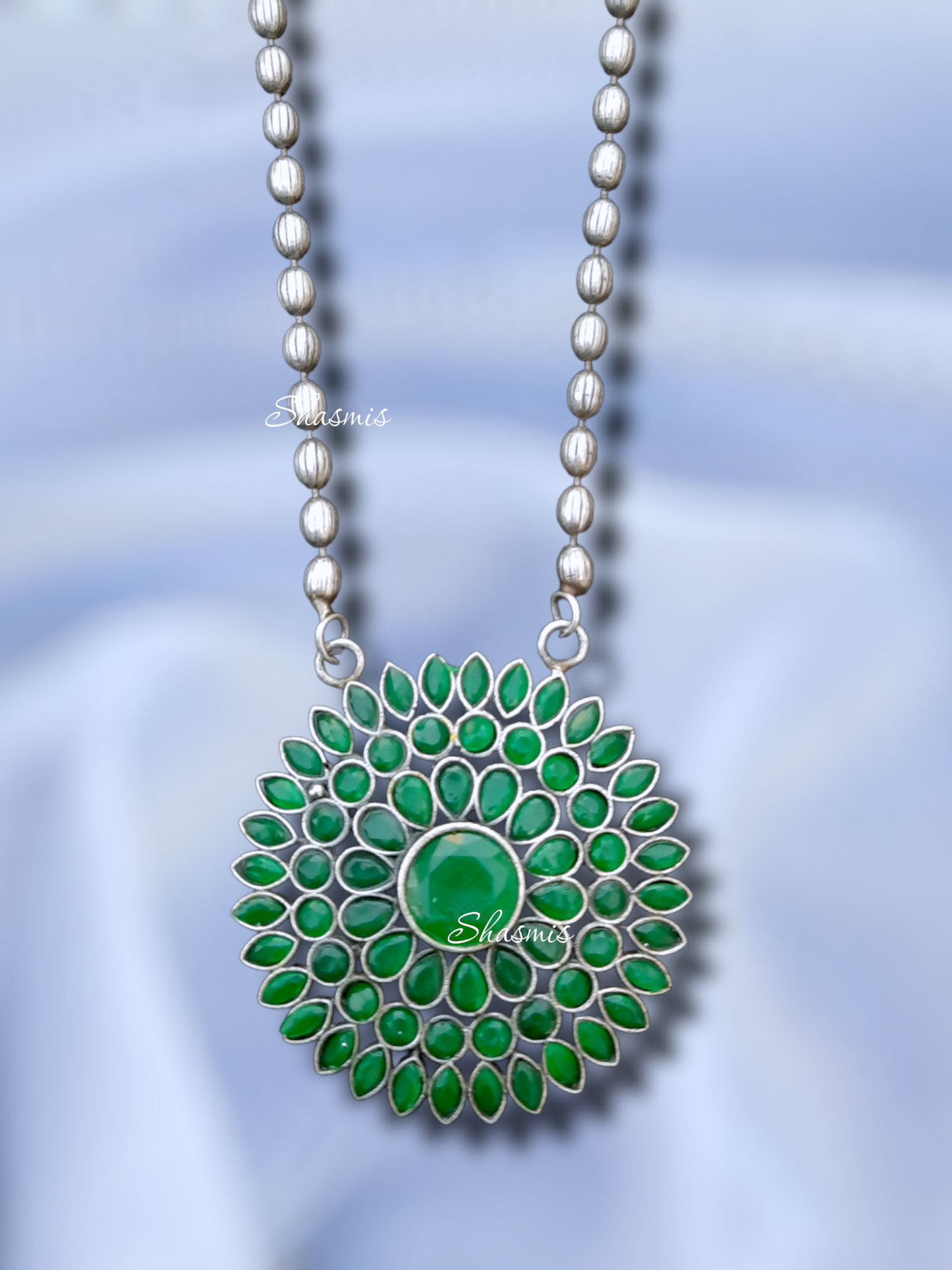 Green Stone Long Oxidised Necklace