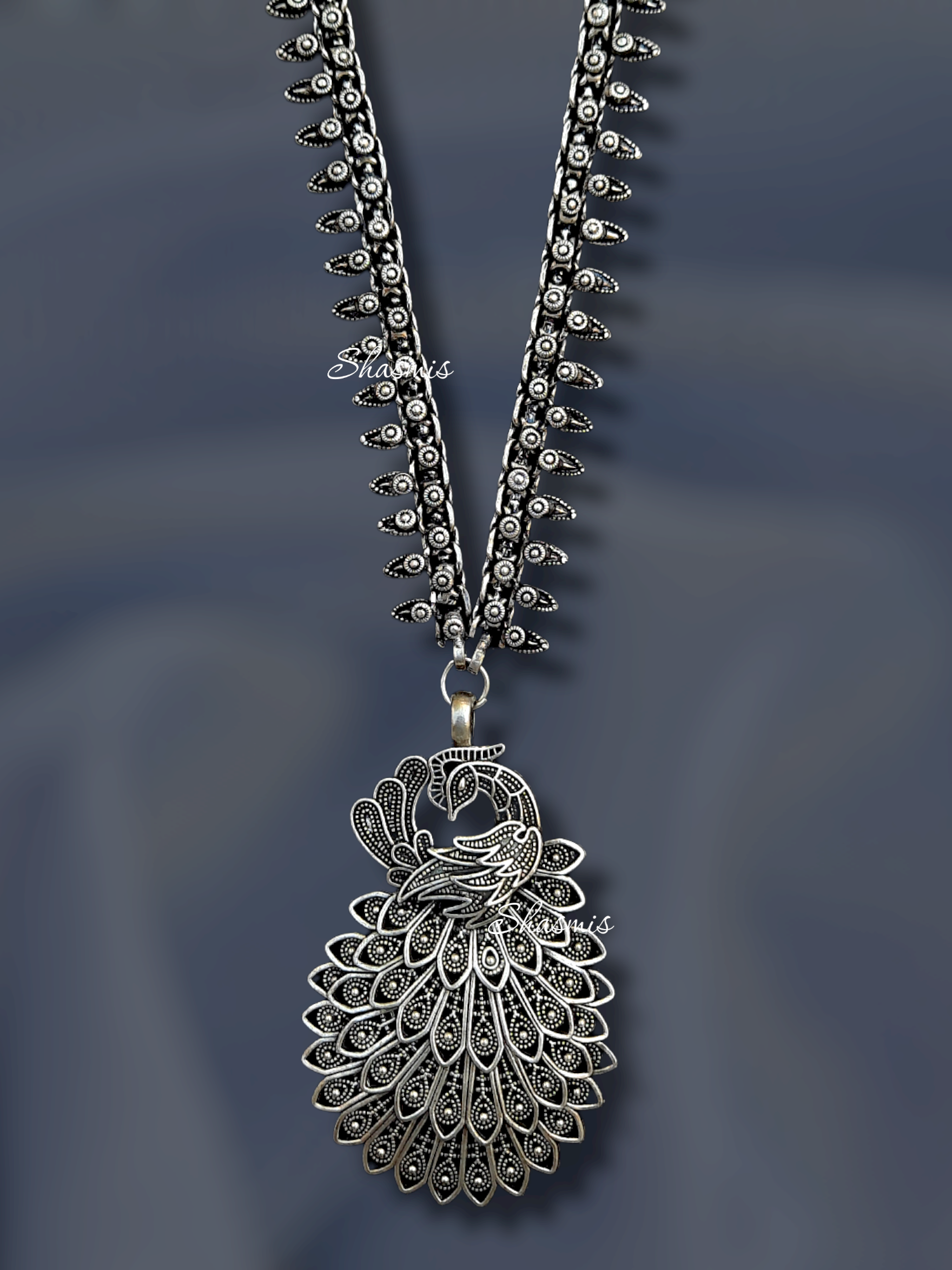 Peacock Feather Long Oxidised Silver Necklace with Earrings