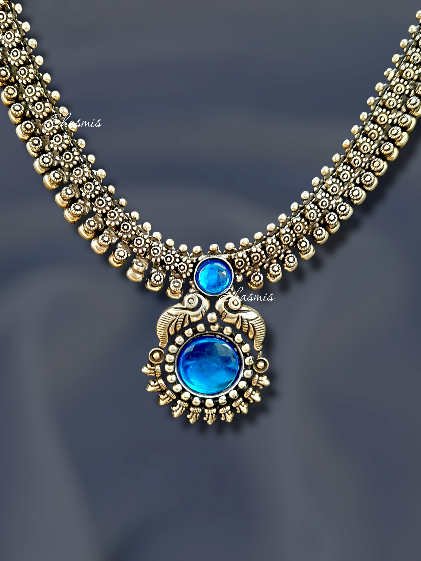 Blue Color Centre Stone Oxidised Necklace
