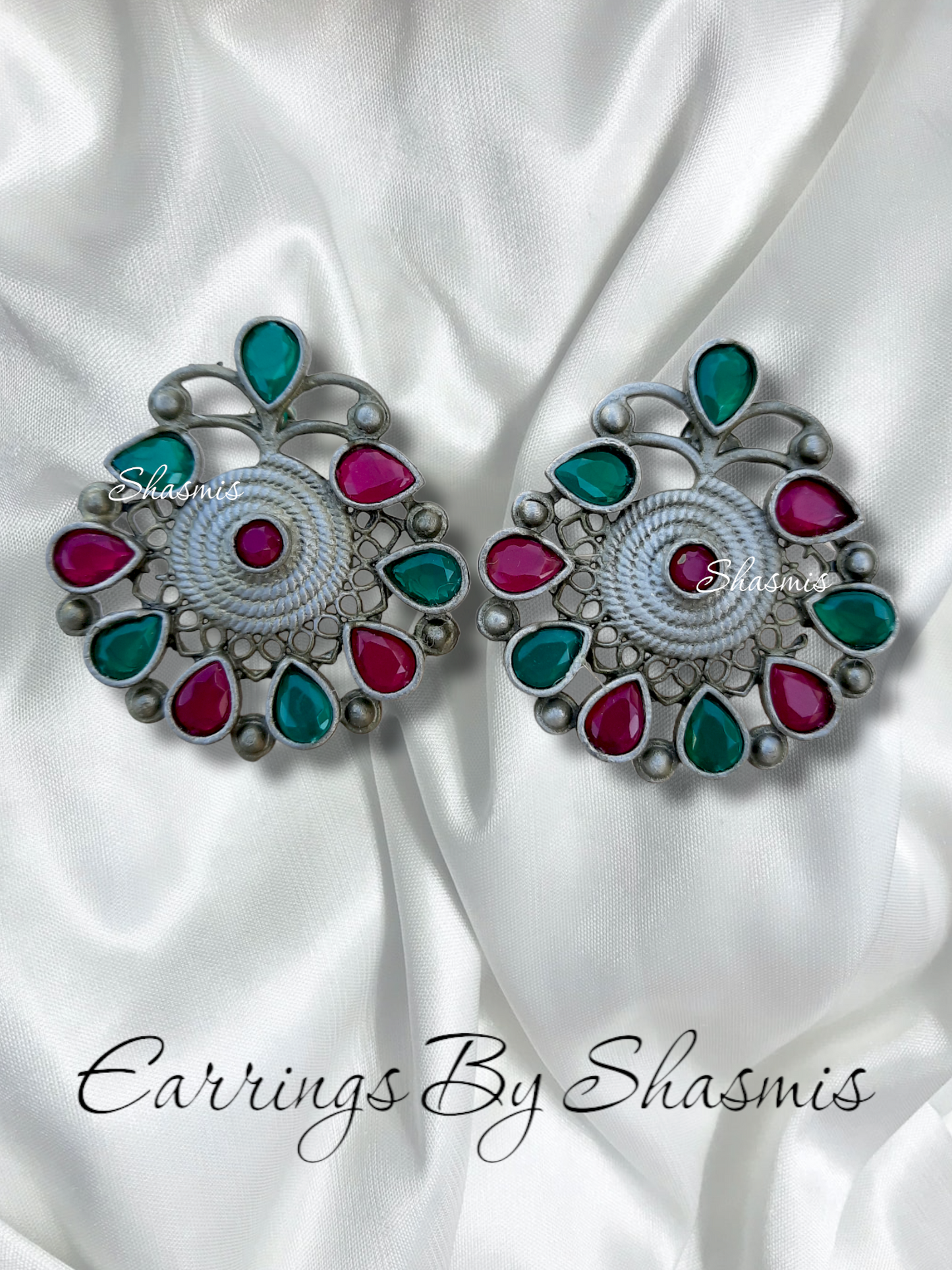 Magenta and Green Color Afghani Earrings
