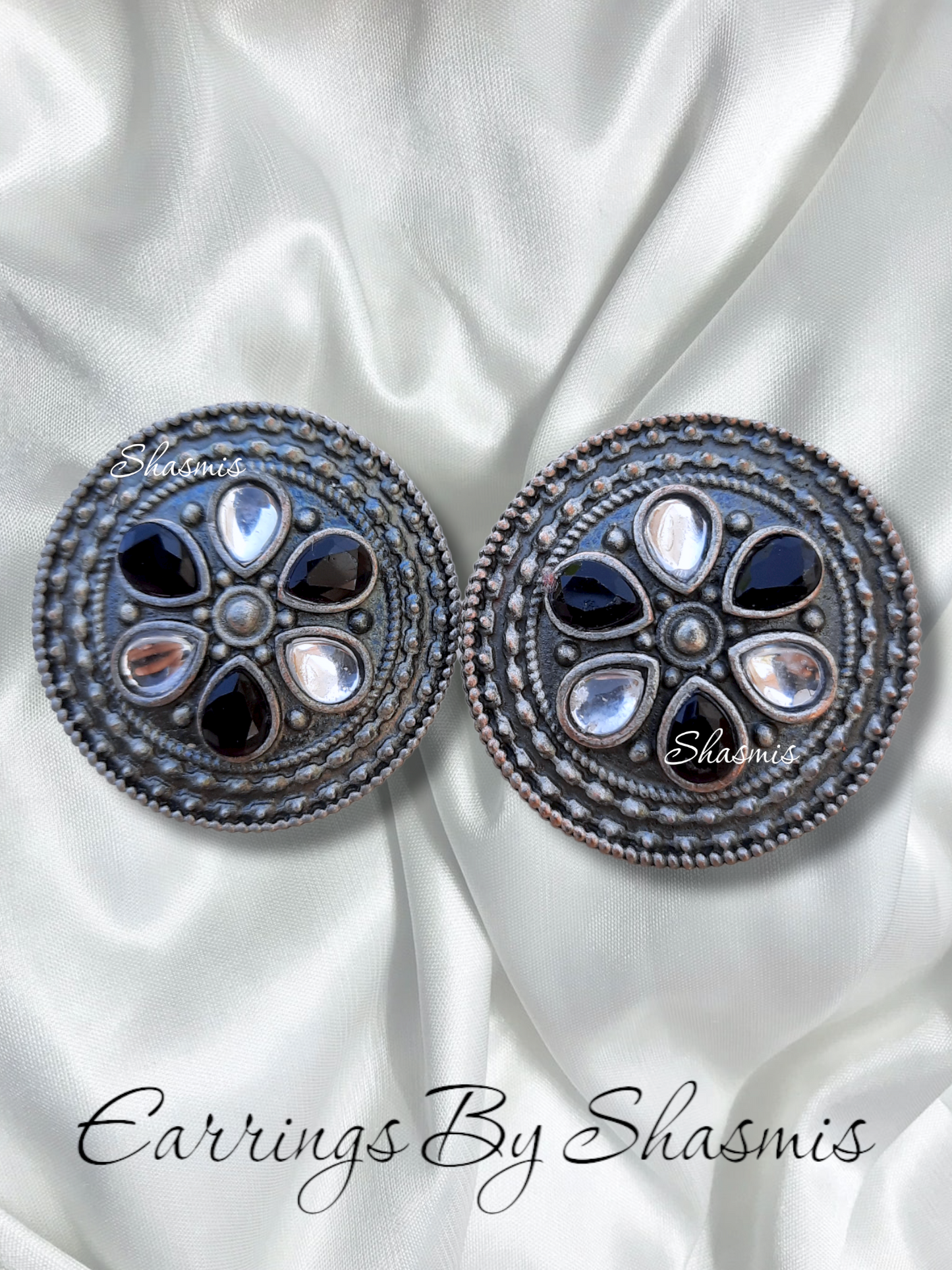Black and White Silver Oxidised Earrings