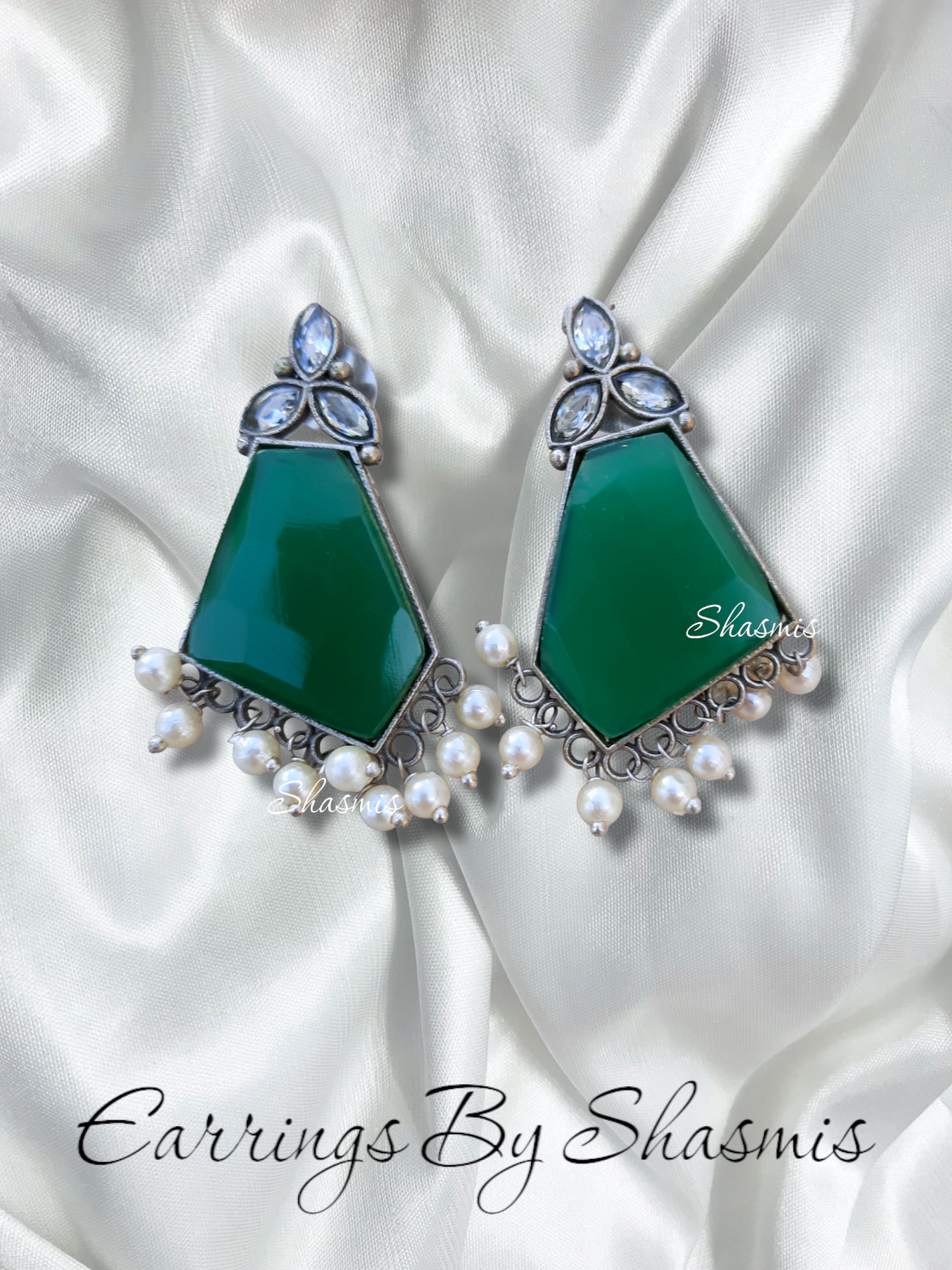 Color Stone With Pearls On Drop Earrings