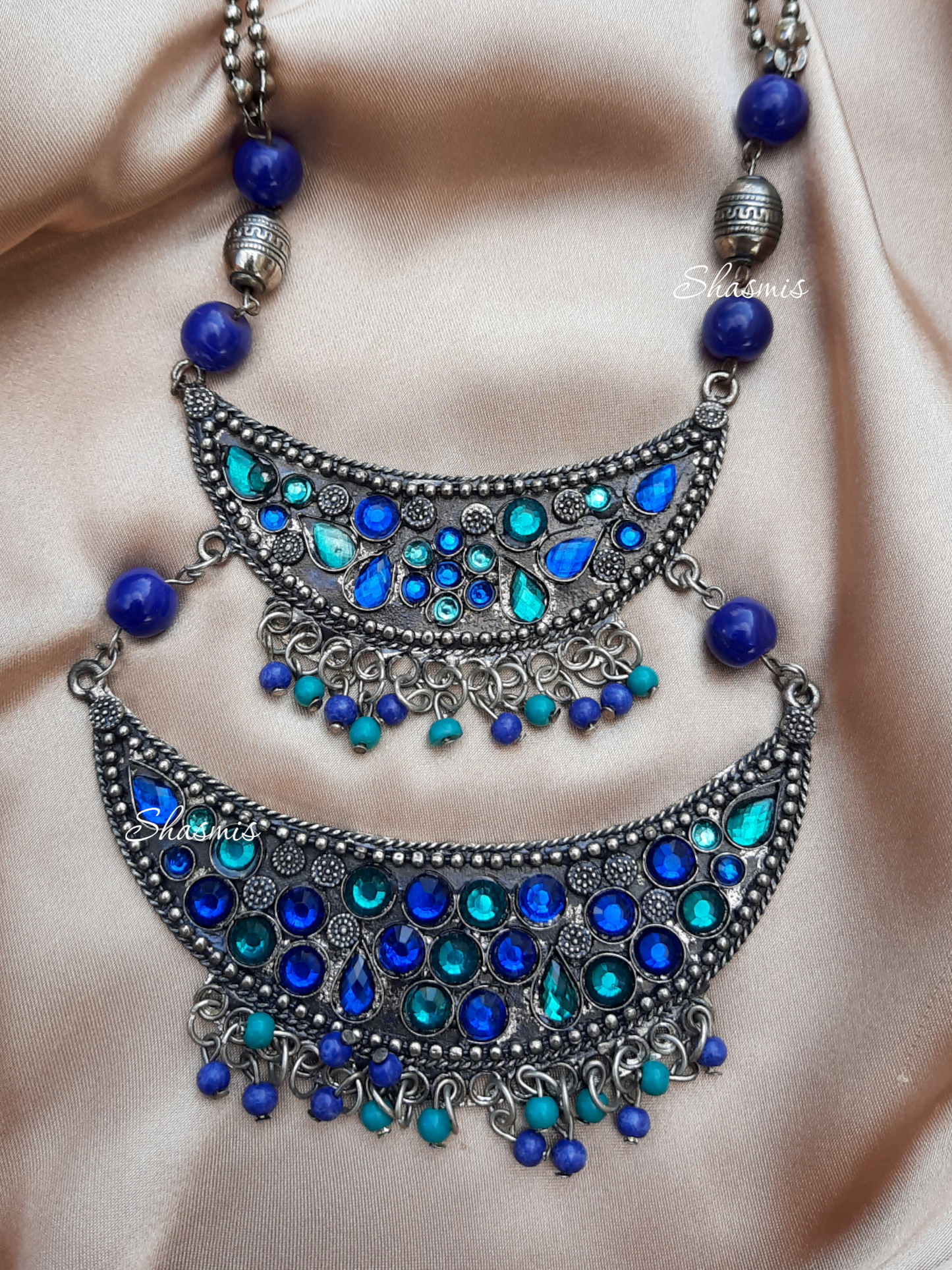 Blue Shade Double Pendent Long Necklace