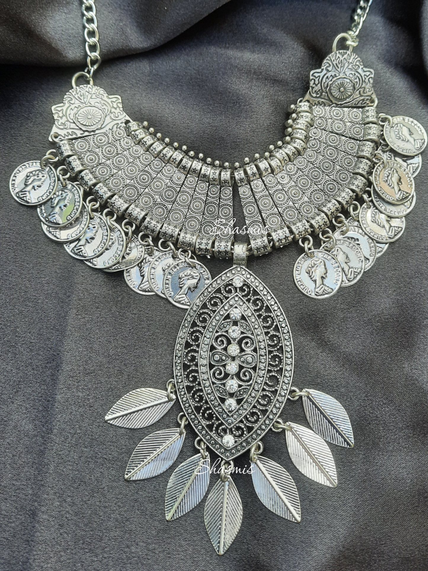 Wide Pendent Long Silver Necklace With Coin Design