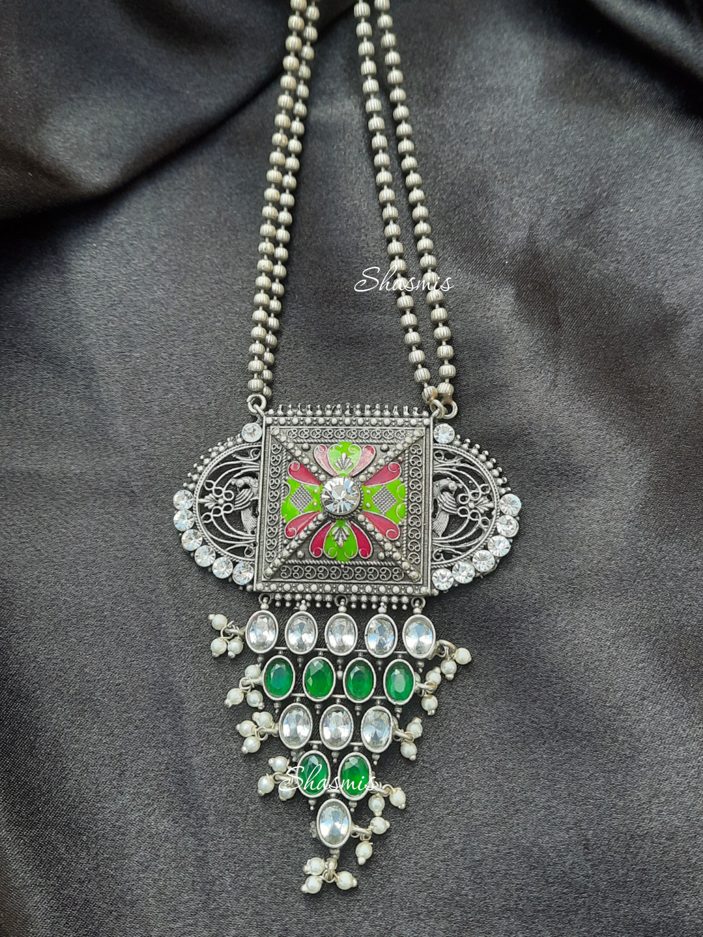 Long German Silver Green and White Stone Necklace