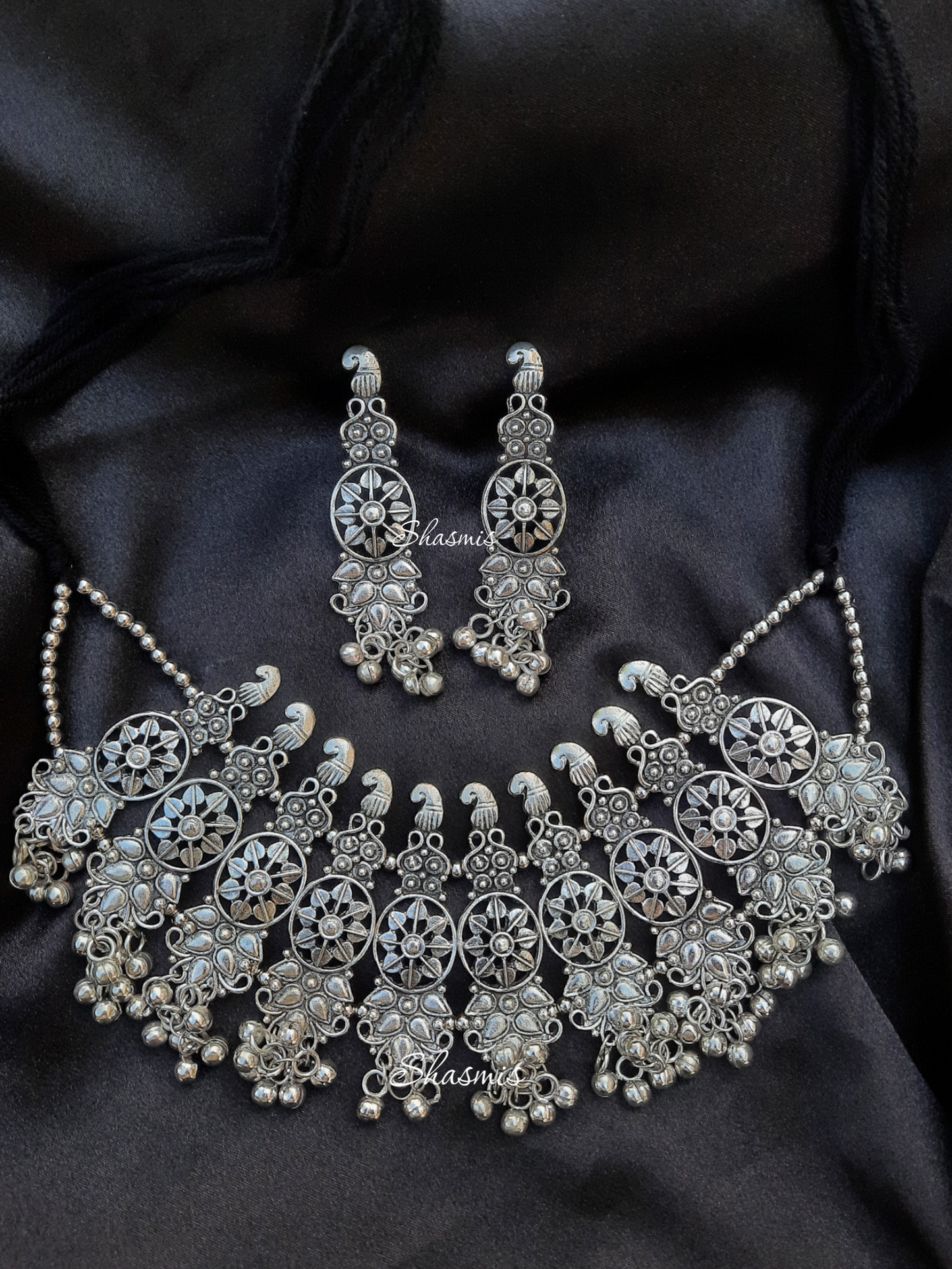 Silver Oxidised Design Statement Necklace with Earrings