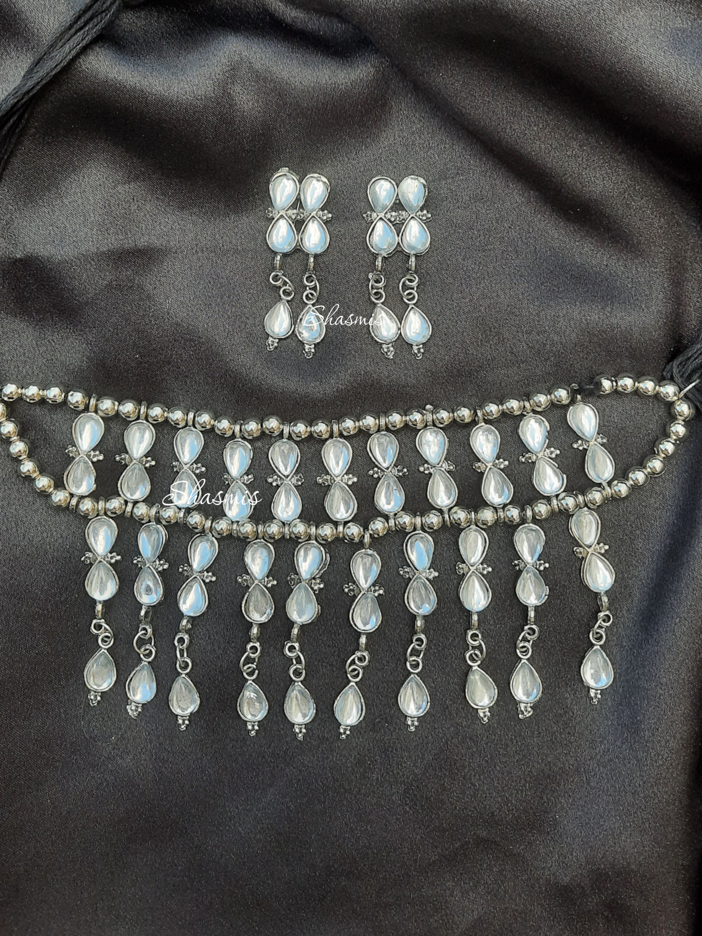 Silver Oxidised White Stone Wide Necklace
