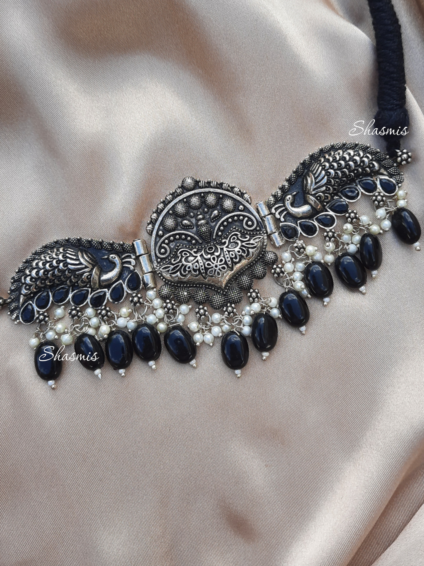 Black Kundan Beads With Silver Plated Necklace