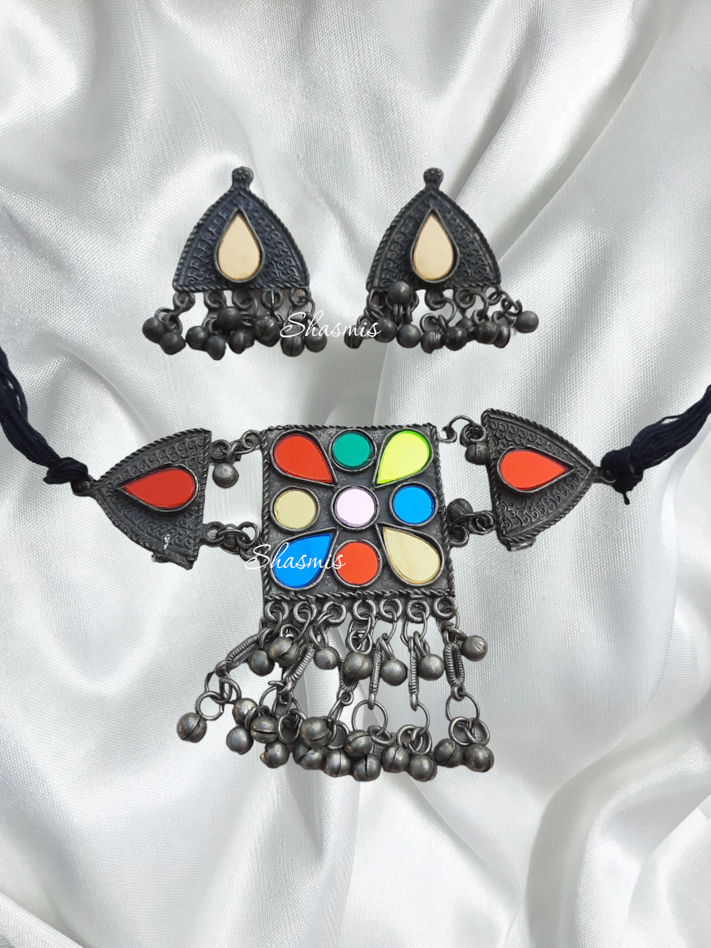Square Shape Design Sequence Afghani Necklace With Earrings
