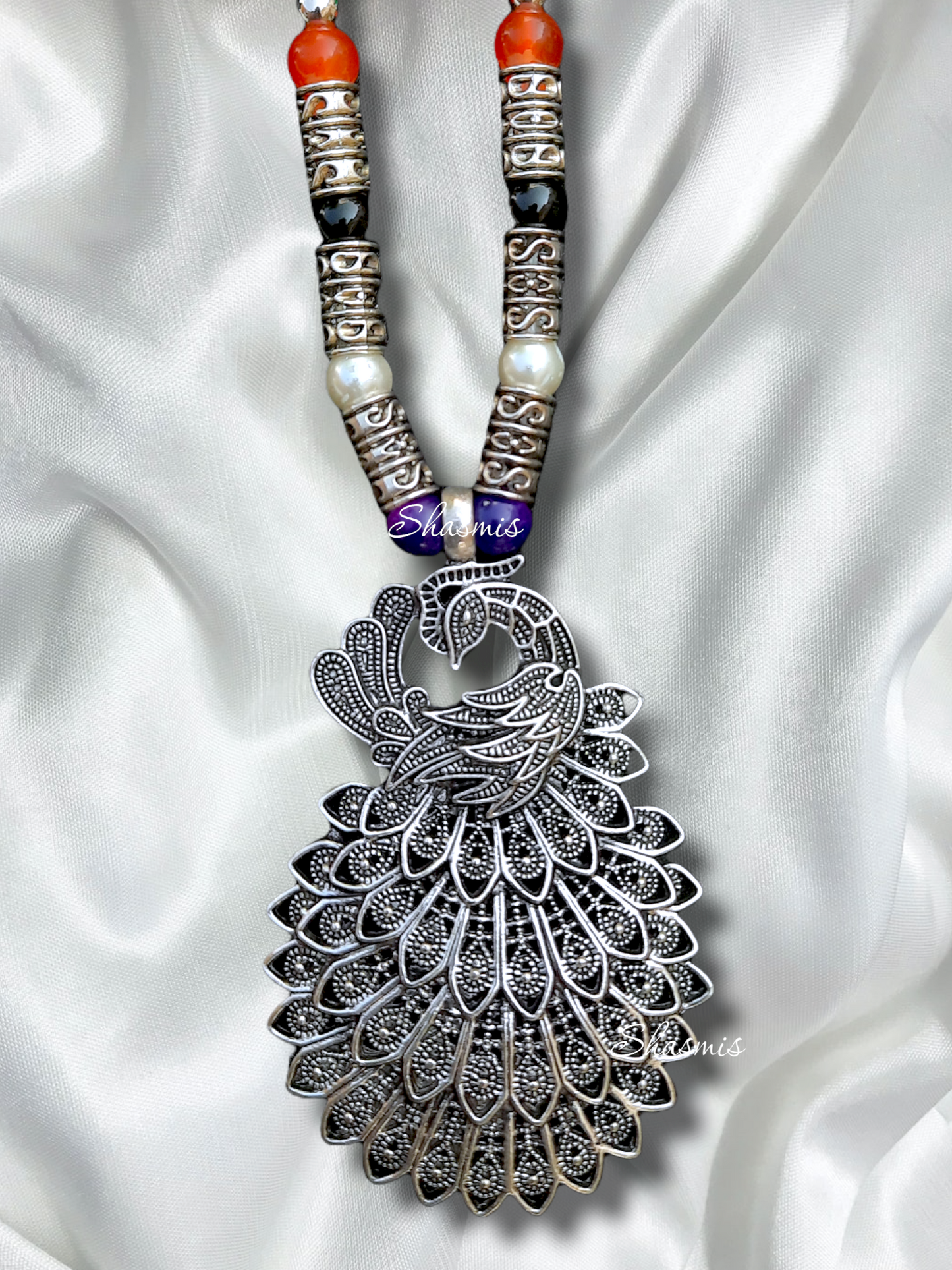 Peacock Pendent Long Silver Necklace