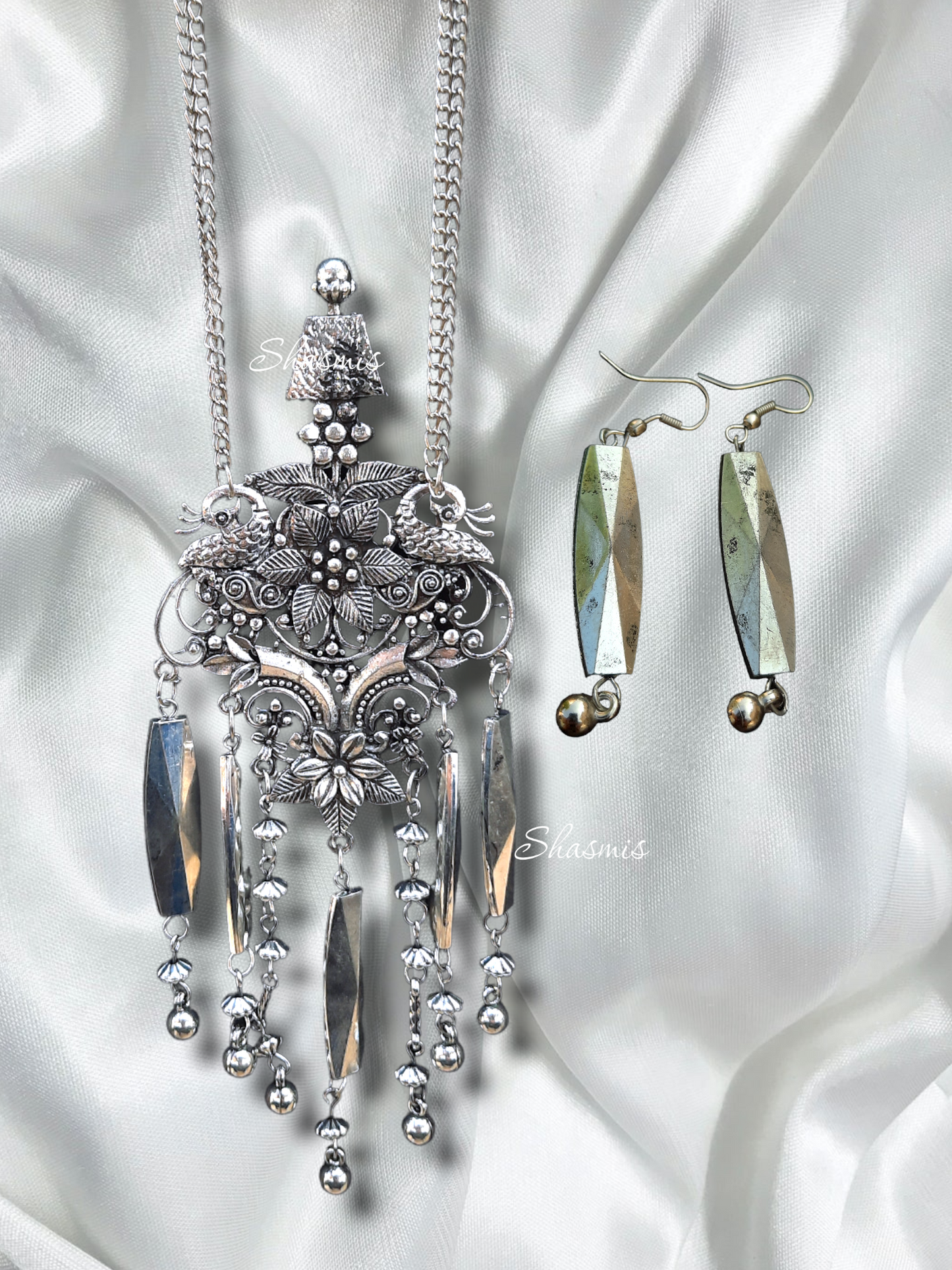 Long Drop Ghungroo Silver Wide Necklace