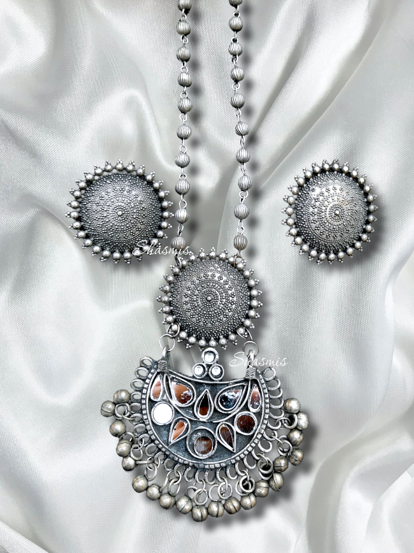 Silver Oxidised Necklace With Earrings