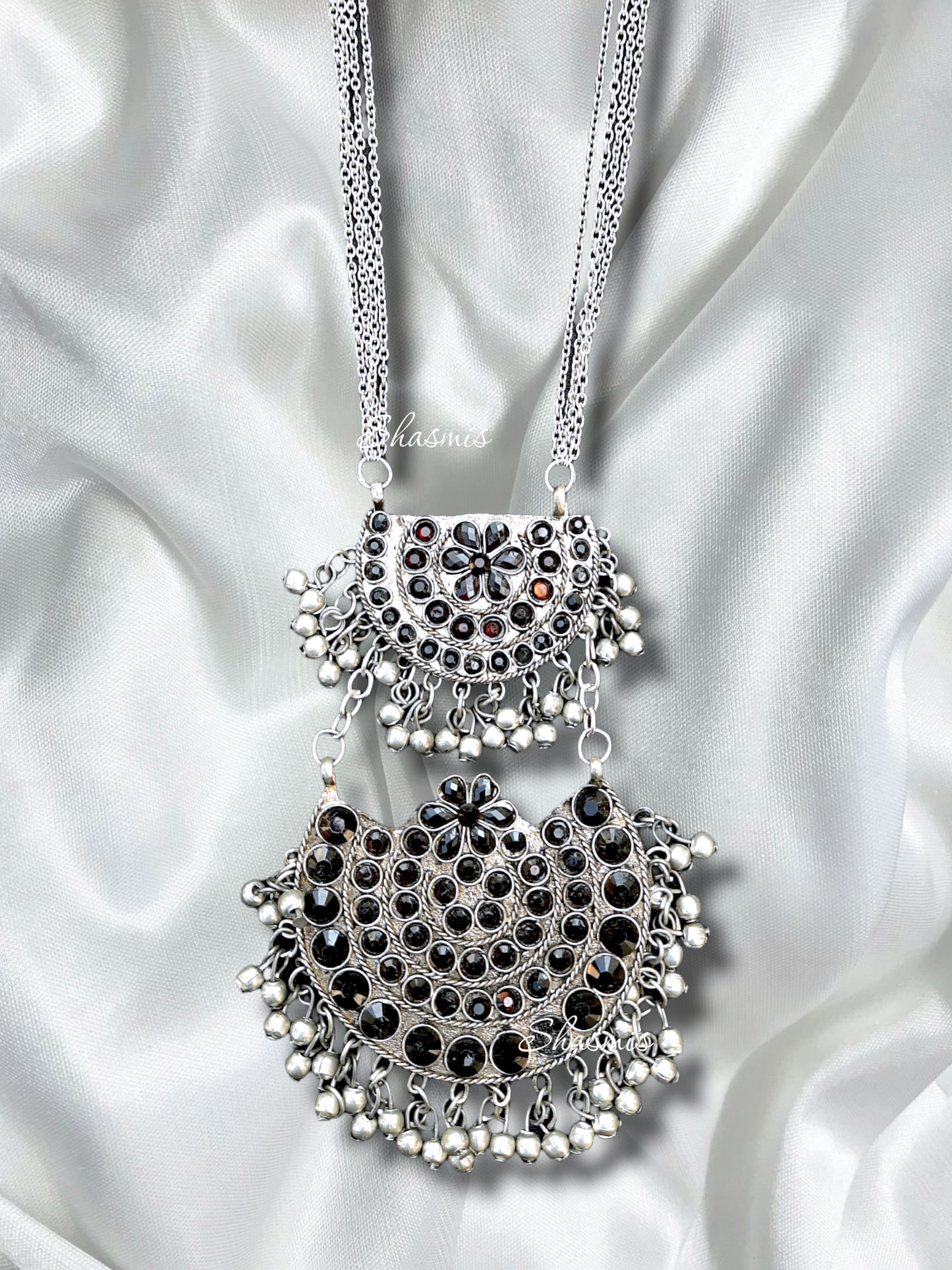 Black Stone Long Drop Ghungroo Silver Necklace