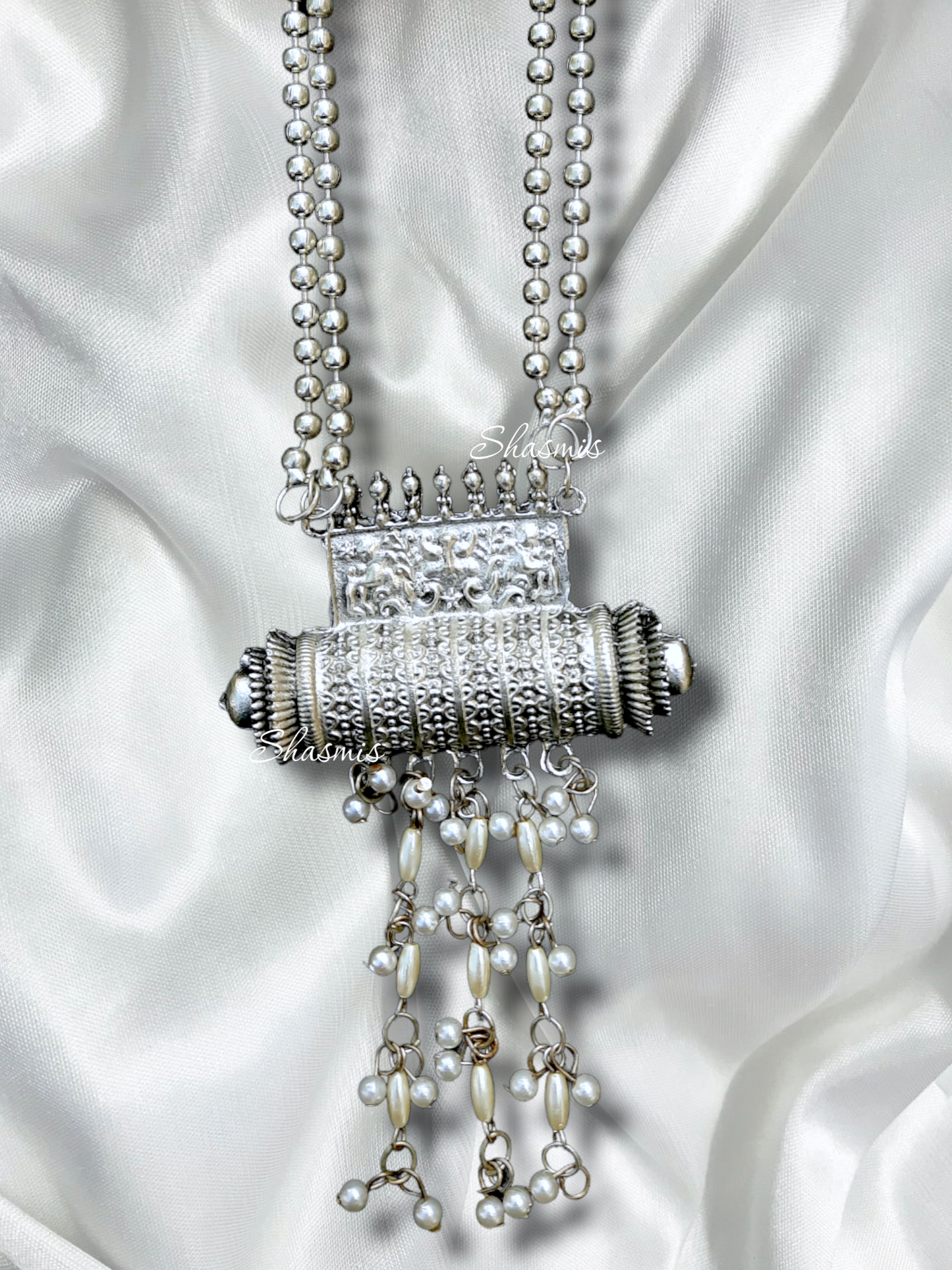 Long Drop Silevr necklace With Pearls and Ghungroo On Drop