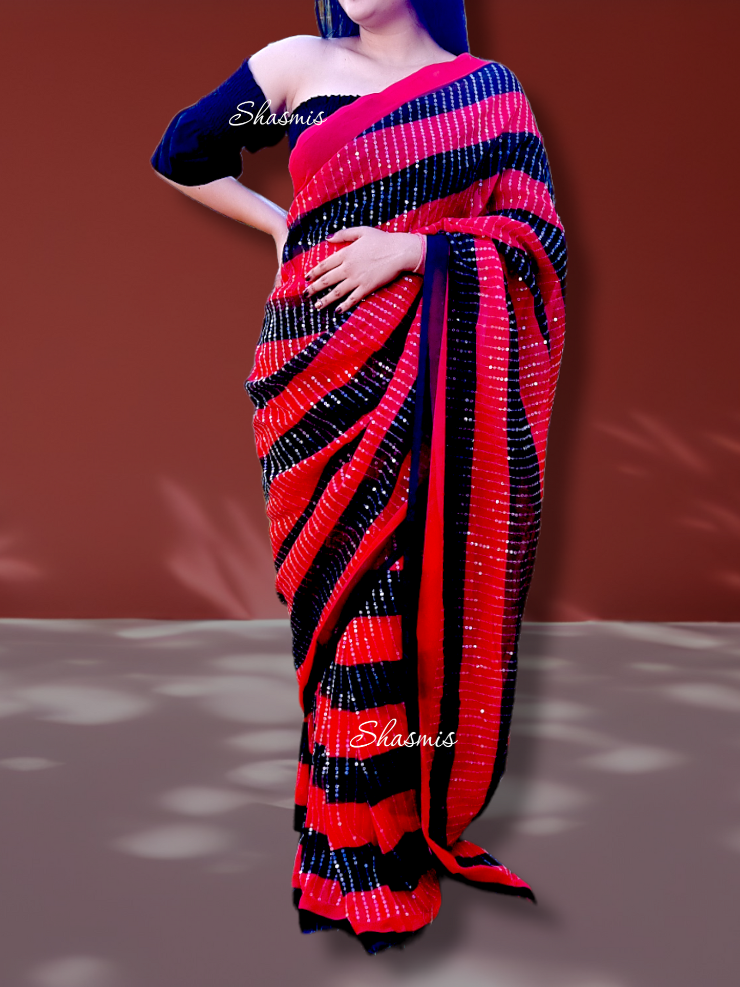 Red and Black Sequence Party Wear Saree