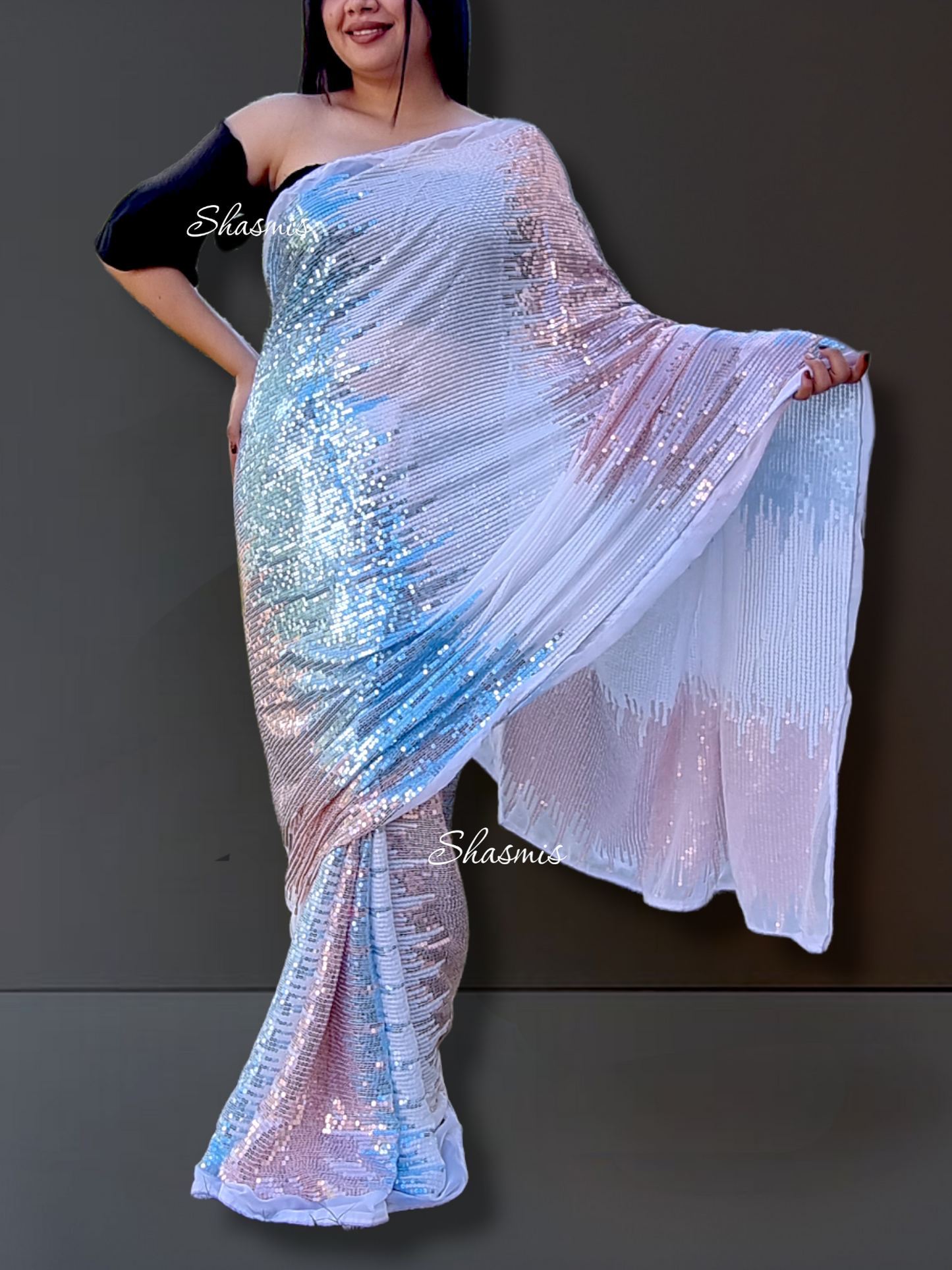 Fancy Party Wear Blue and Copper Color Sequence Saree