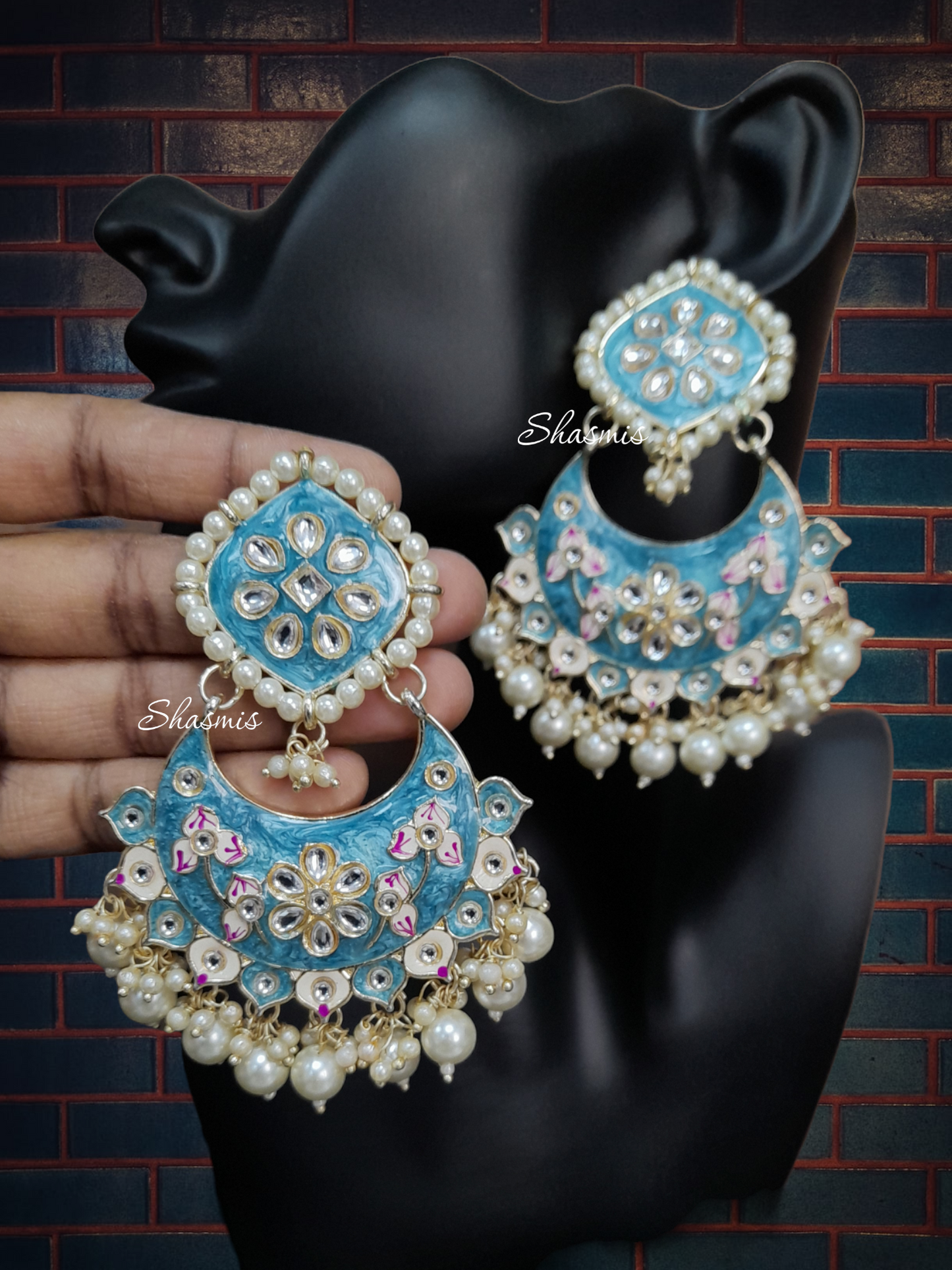 Sky Blue Color Long Kundan Pearl Necklace, With Earring And Mangtika
