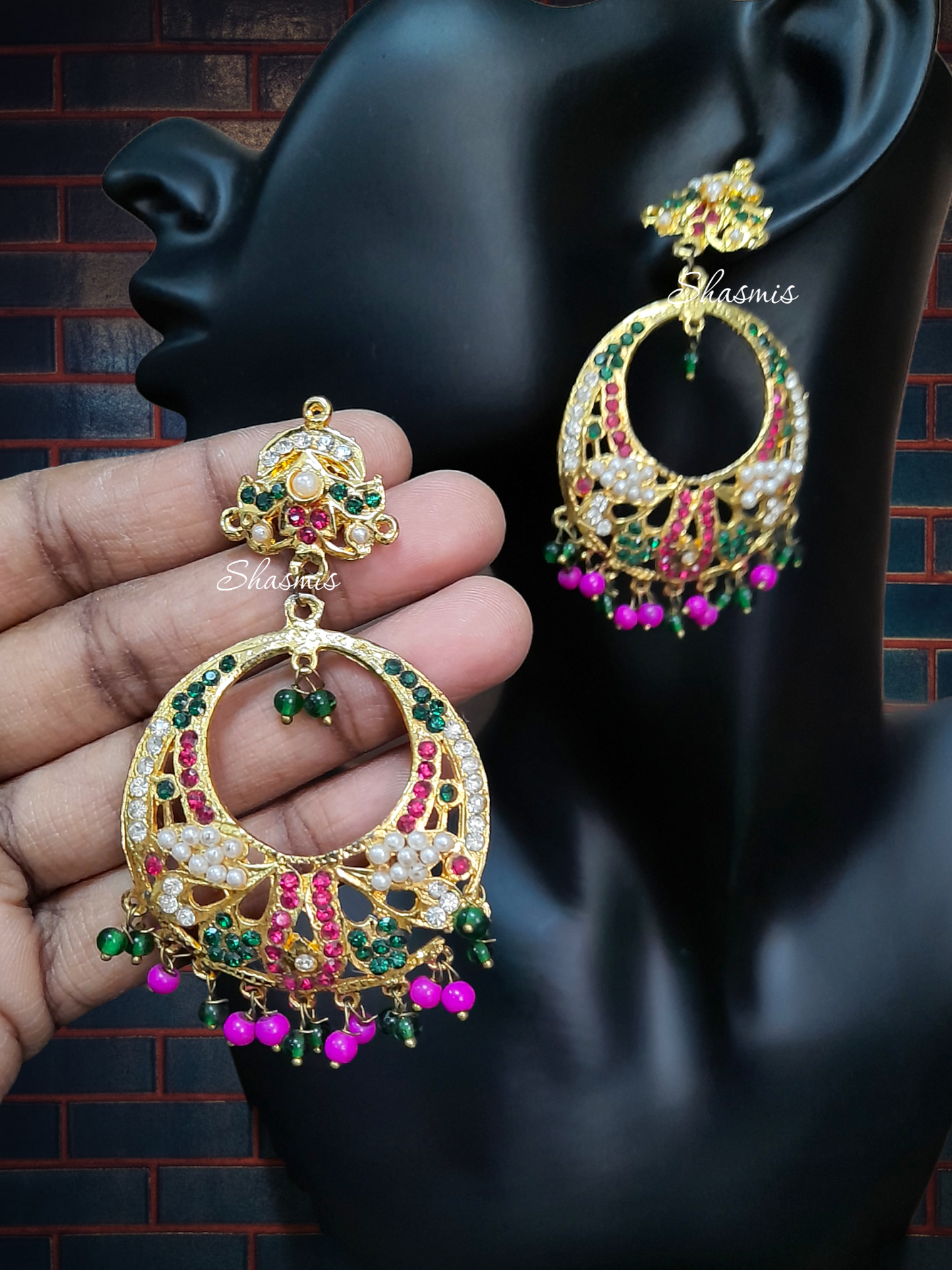 Multi color Stones With Pink Ghungroo On Drop Necklace, Mangtika And Earrings