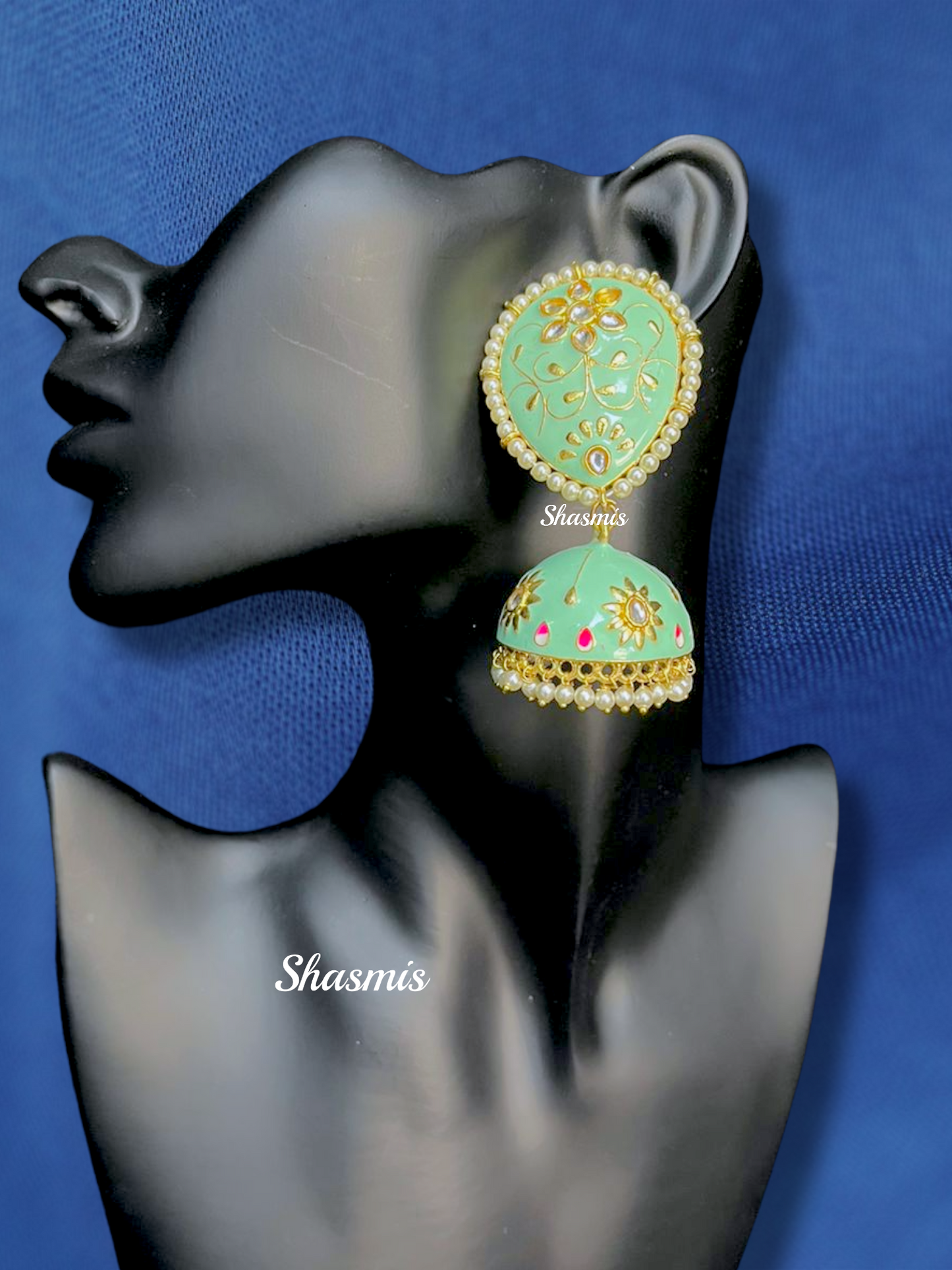 Mint Green Kundan Polki Jhumkas Earrings
