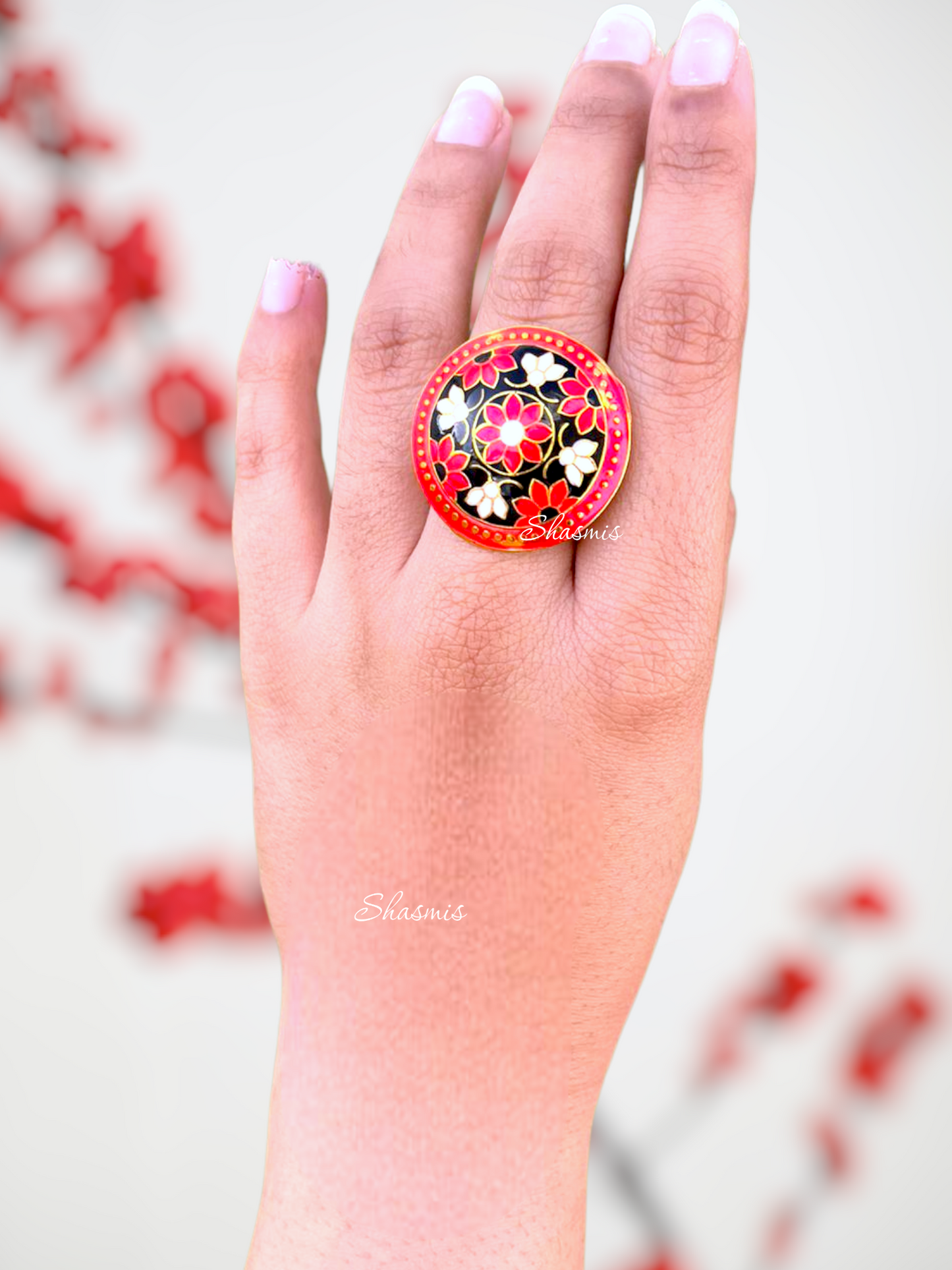 Red and Black With White Flower Meenakari Handwork Rings