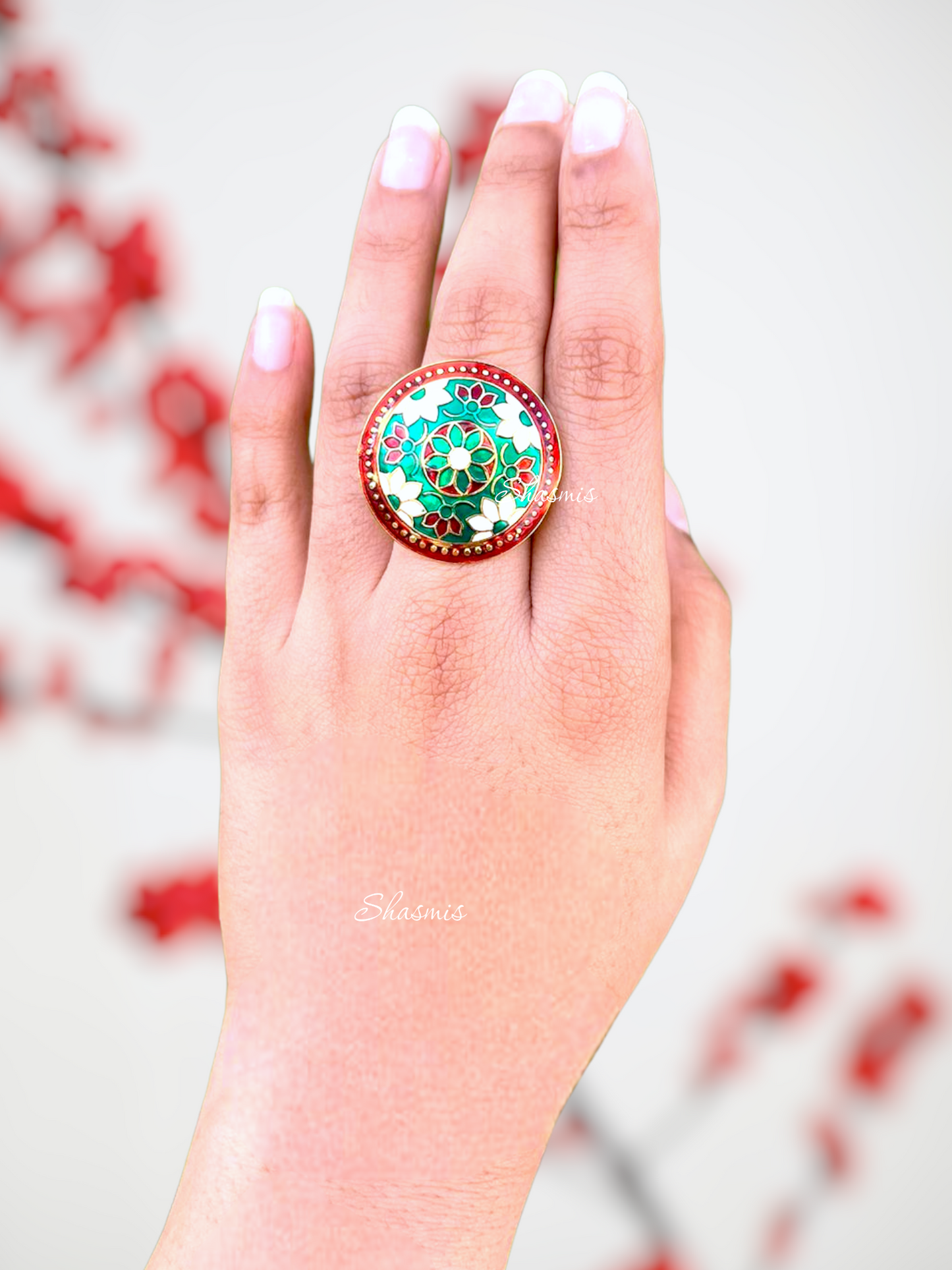 Green and Red Colour Meenakari Handwork Ring