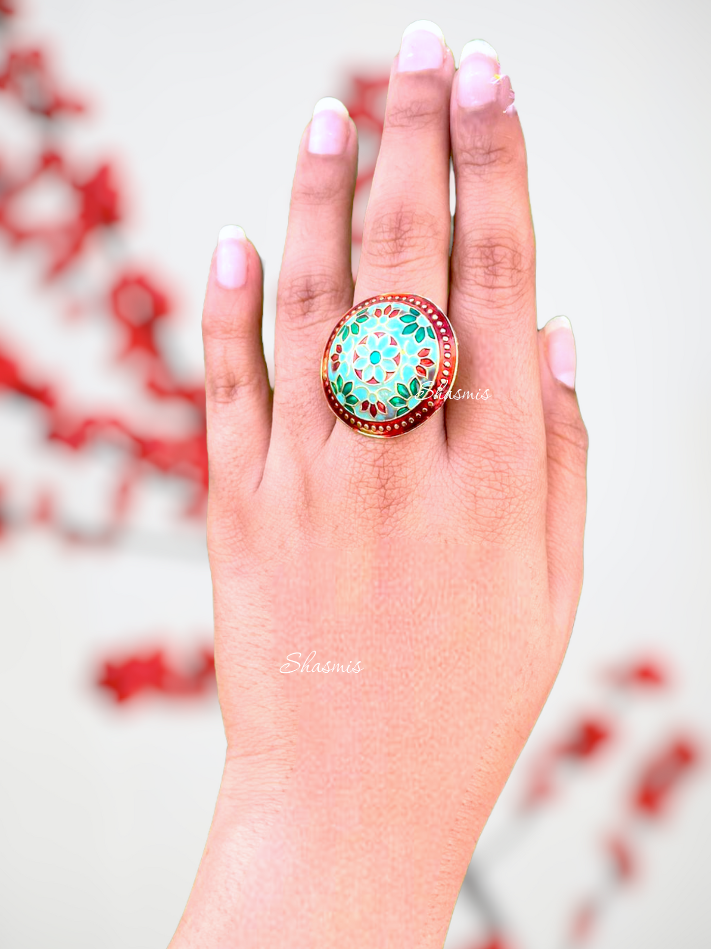 Mint Green With Red Colour Design Meenakari Handwork Ring