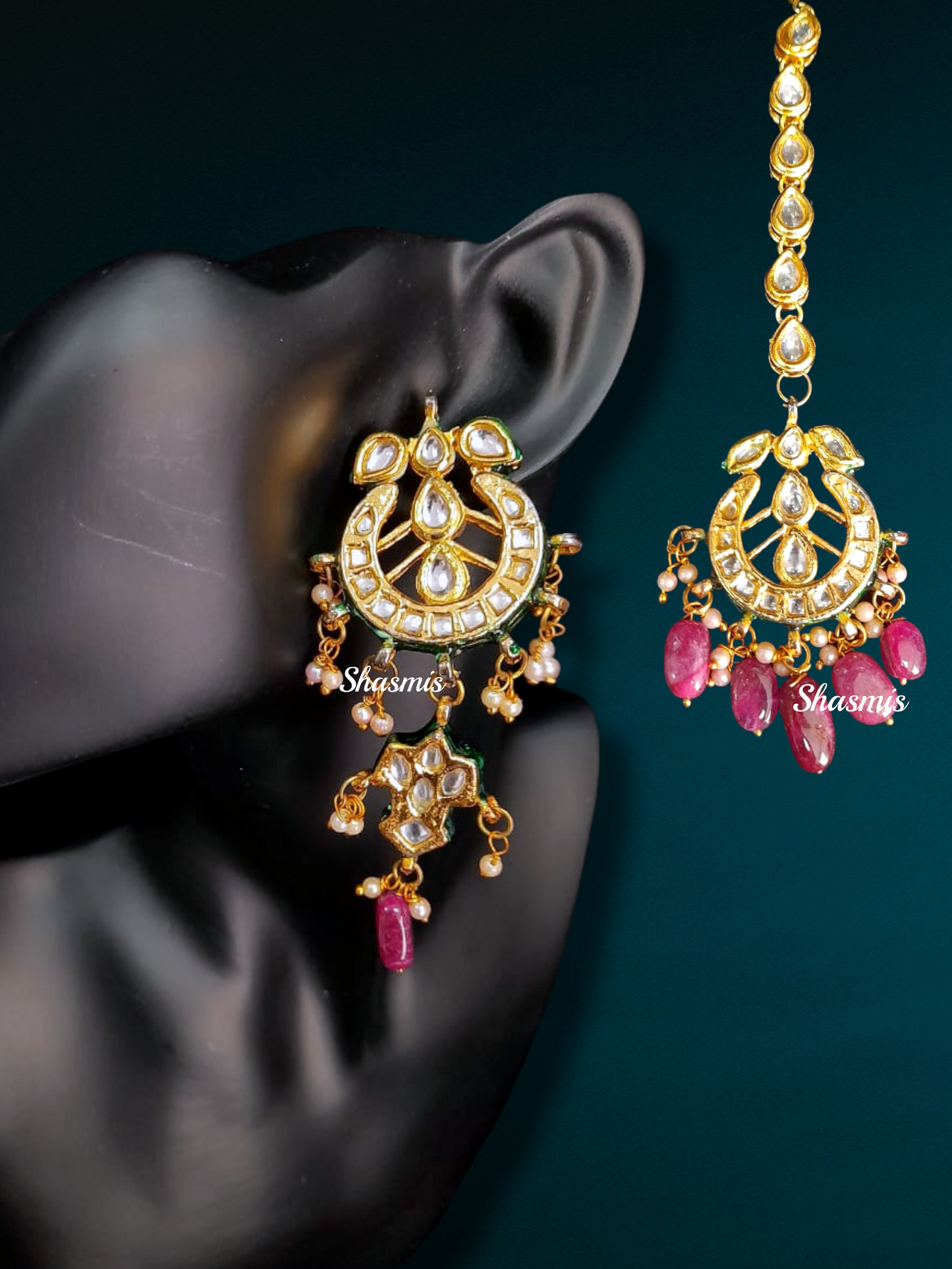 Magenta Color Long Kundan Necklace With Mangtika and Earrings