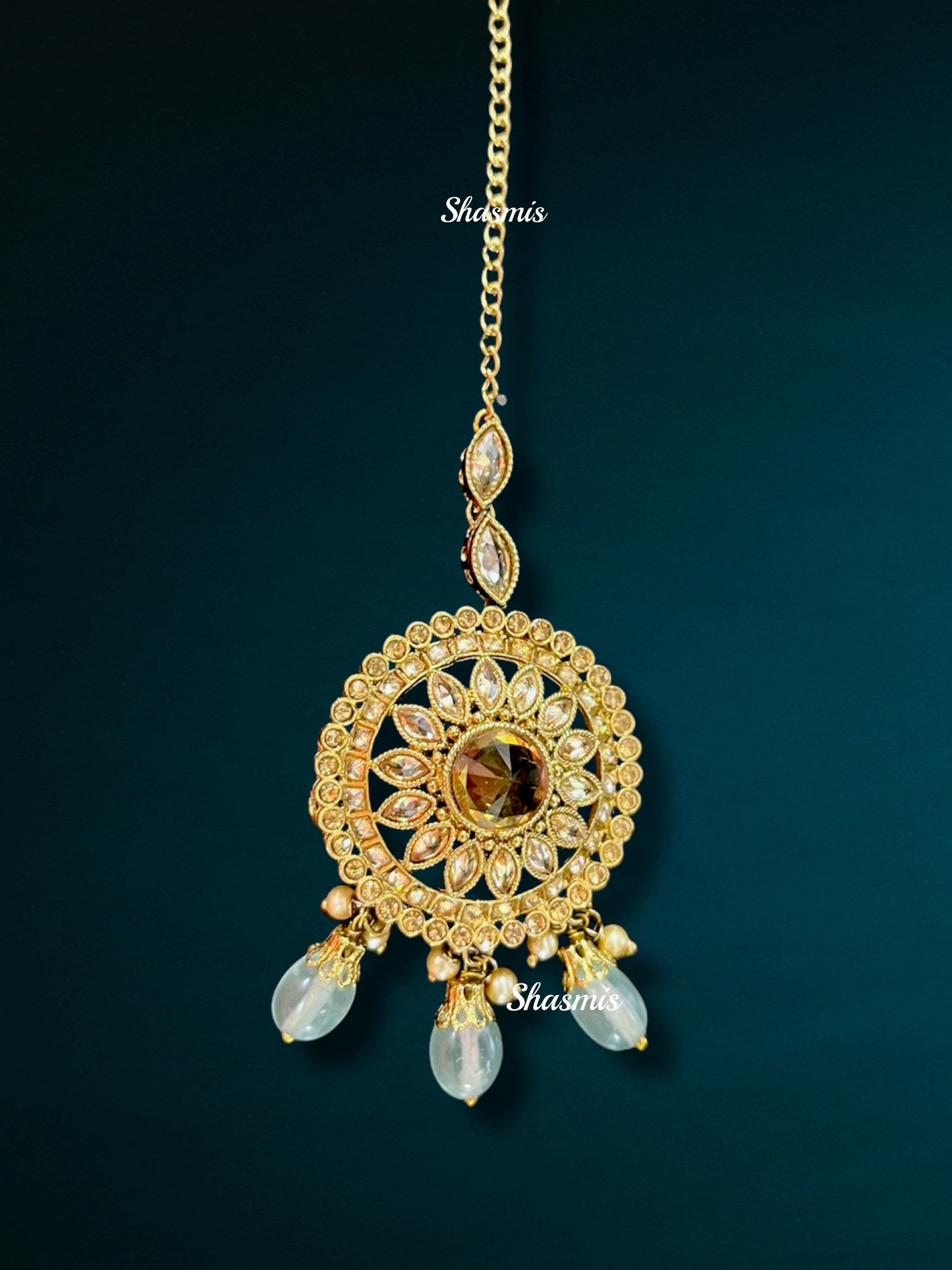 Champaign Stone Huge Sea Green Color Jhumka Earrings and Mangtika