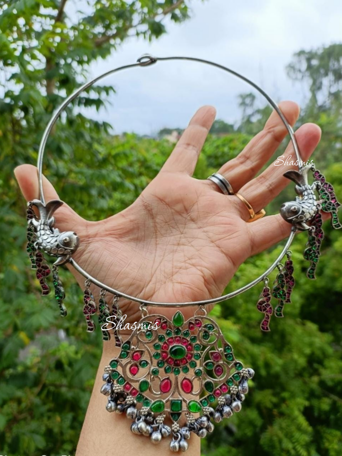 Silver Look Alike Oxidised Fish Design Necklace, Kemp Stones