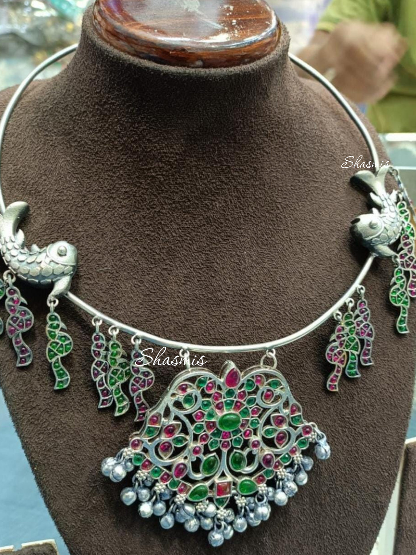 Silver Look Alike Oxidised Fish Design Necklace, Kemp Stones