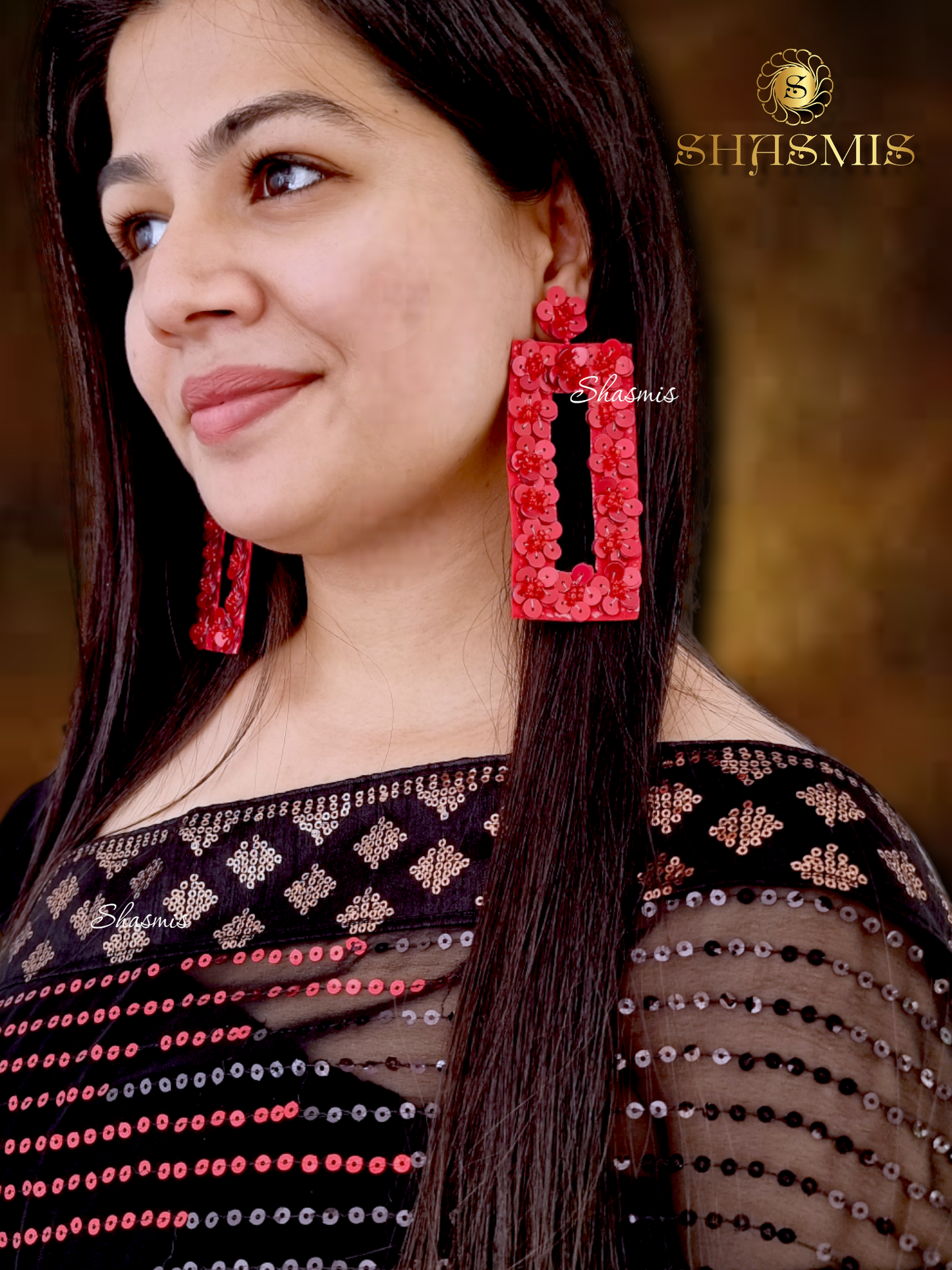 Red Color Sequence Earrings