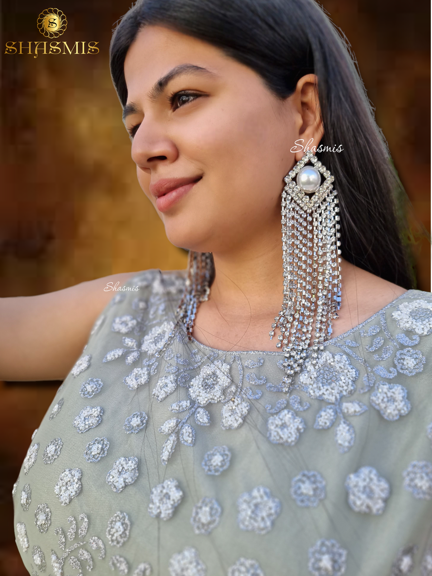 Silver Diamond Long Drop Earrings