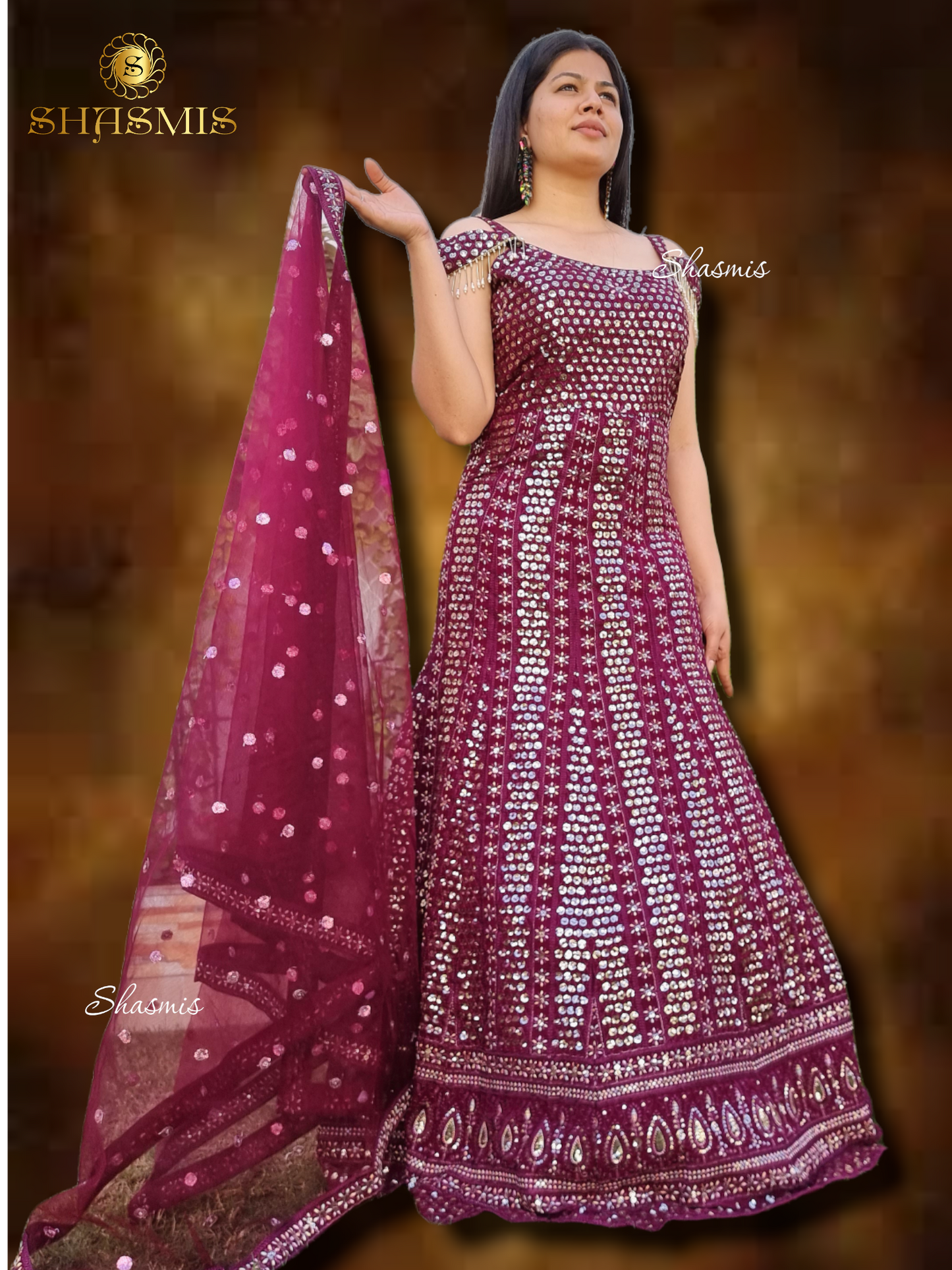 Magenta Color Long Sequence Gown With Design Sleeves