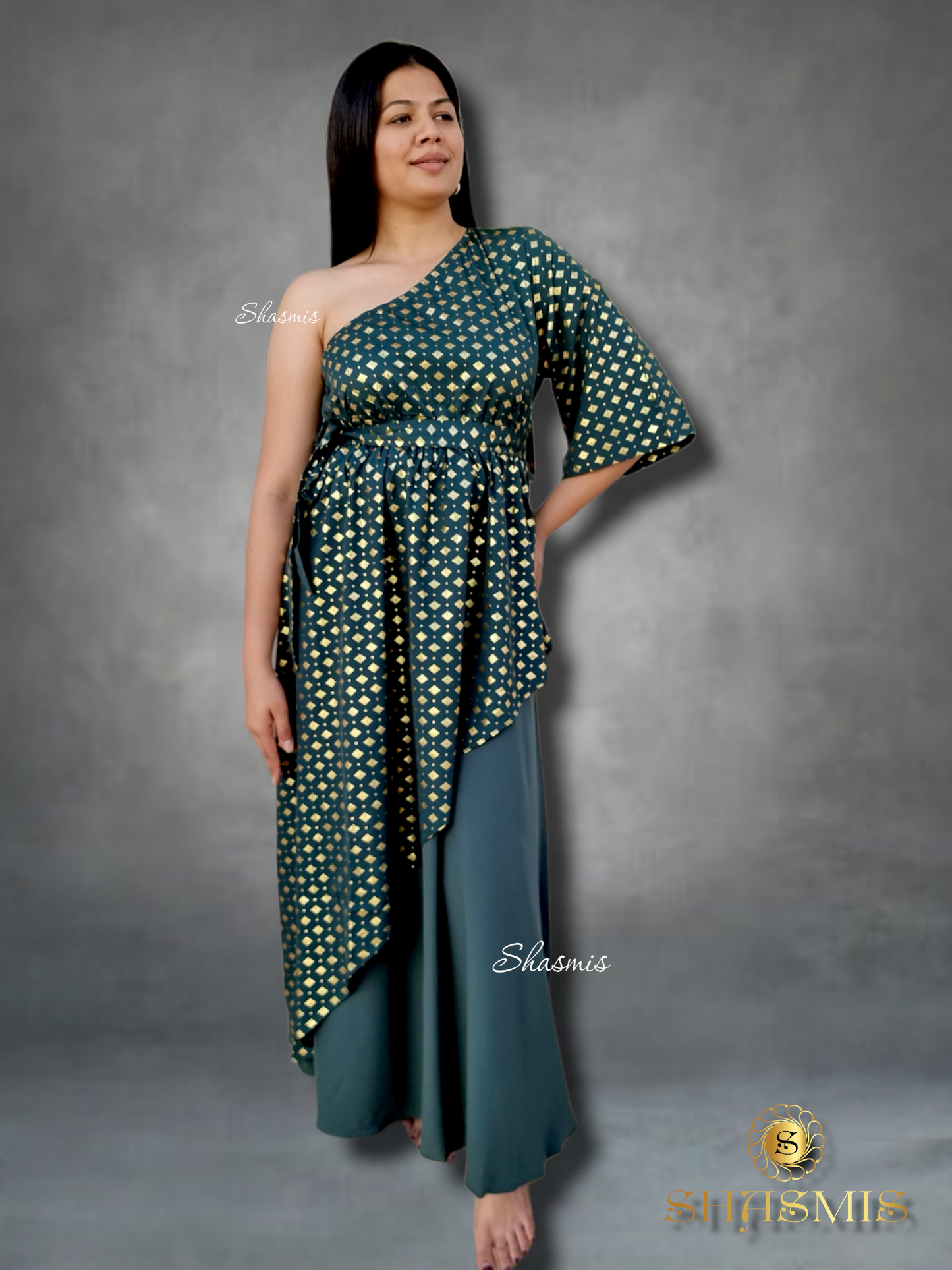 Green And Golden Color With One Side Sleeves Designer Long Dress
