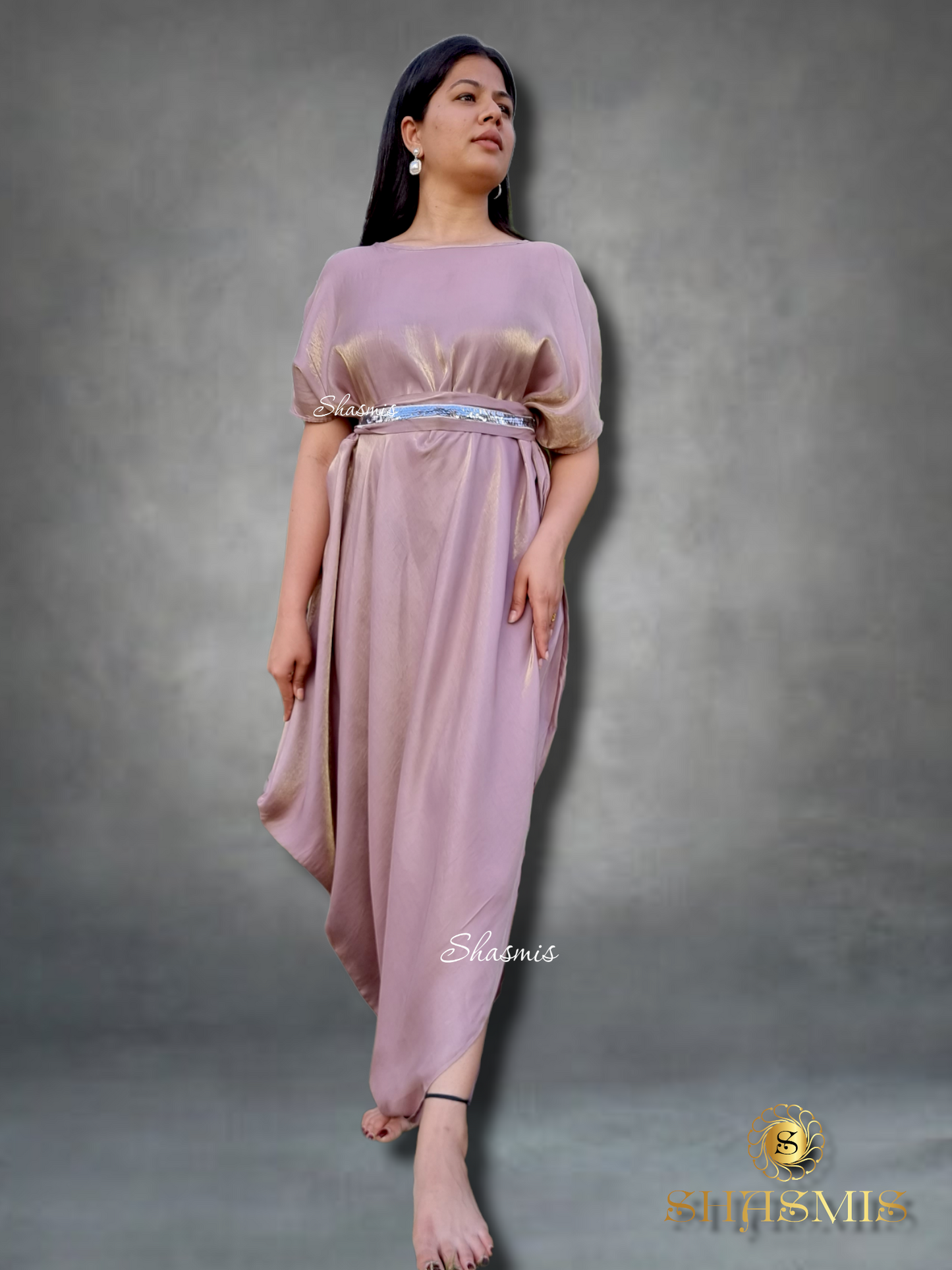 Onion Pink And Gold Dual Tone Long Kaftan With Side Slit and Silver Sequence Belt