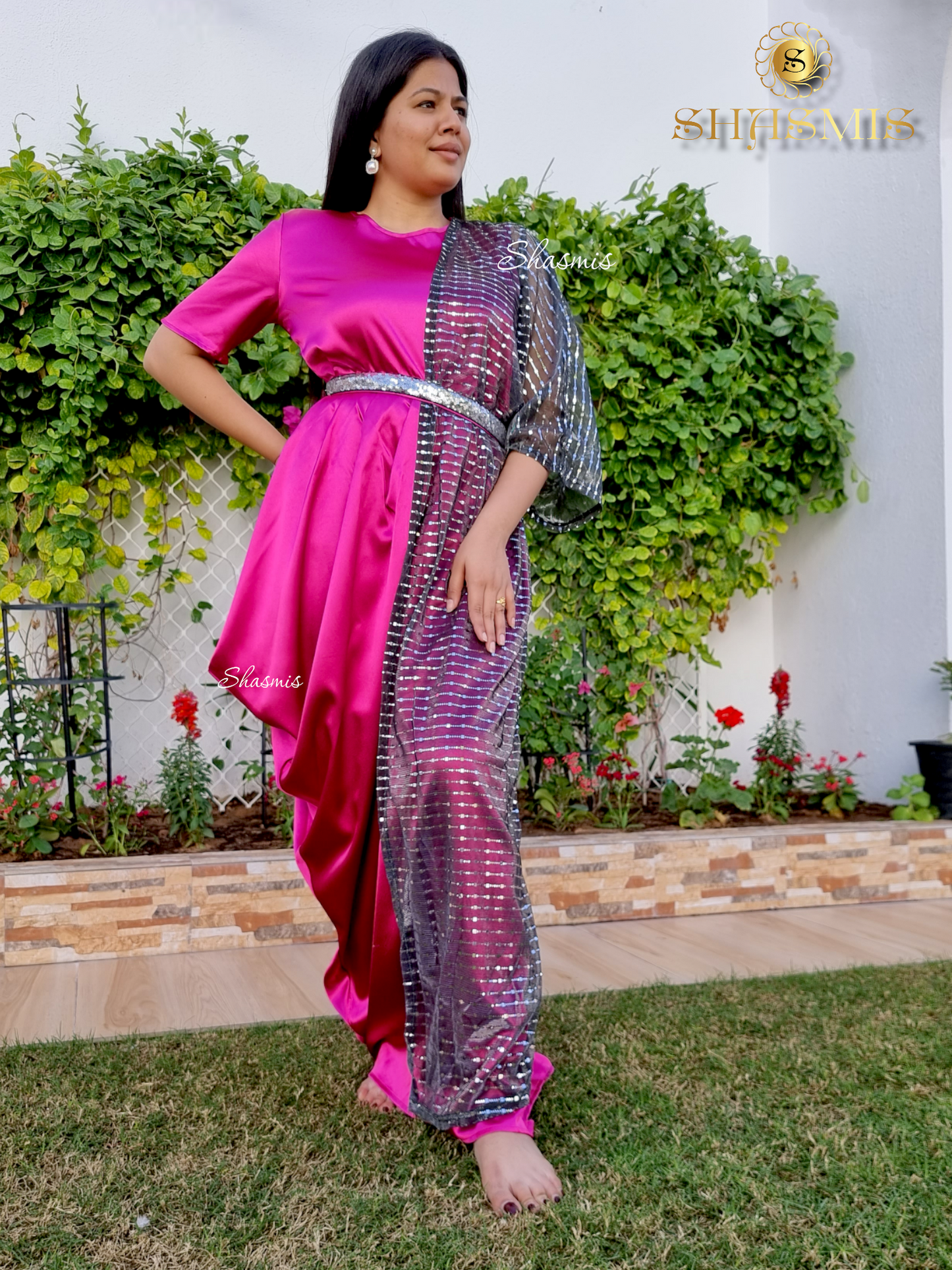 Pink Color Silk Long Dhoti Gown With Half Long Shrug