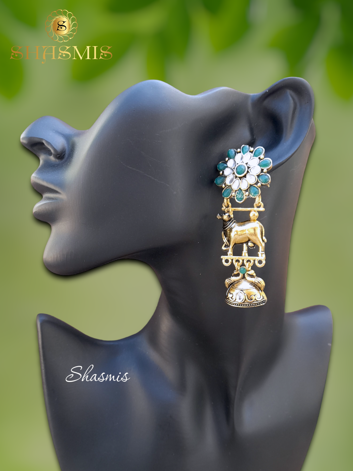 Green Stone Gold Oxidised Cow Design Long Earrings