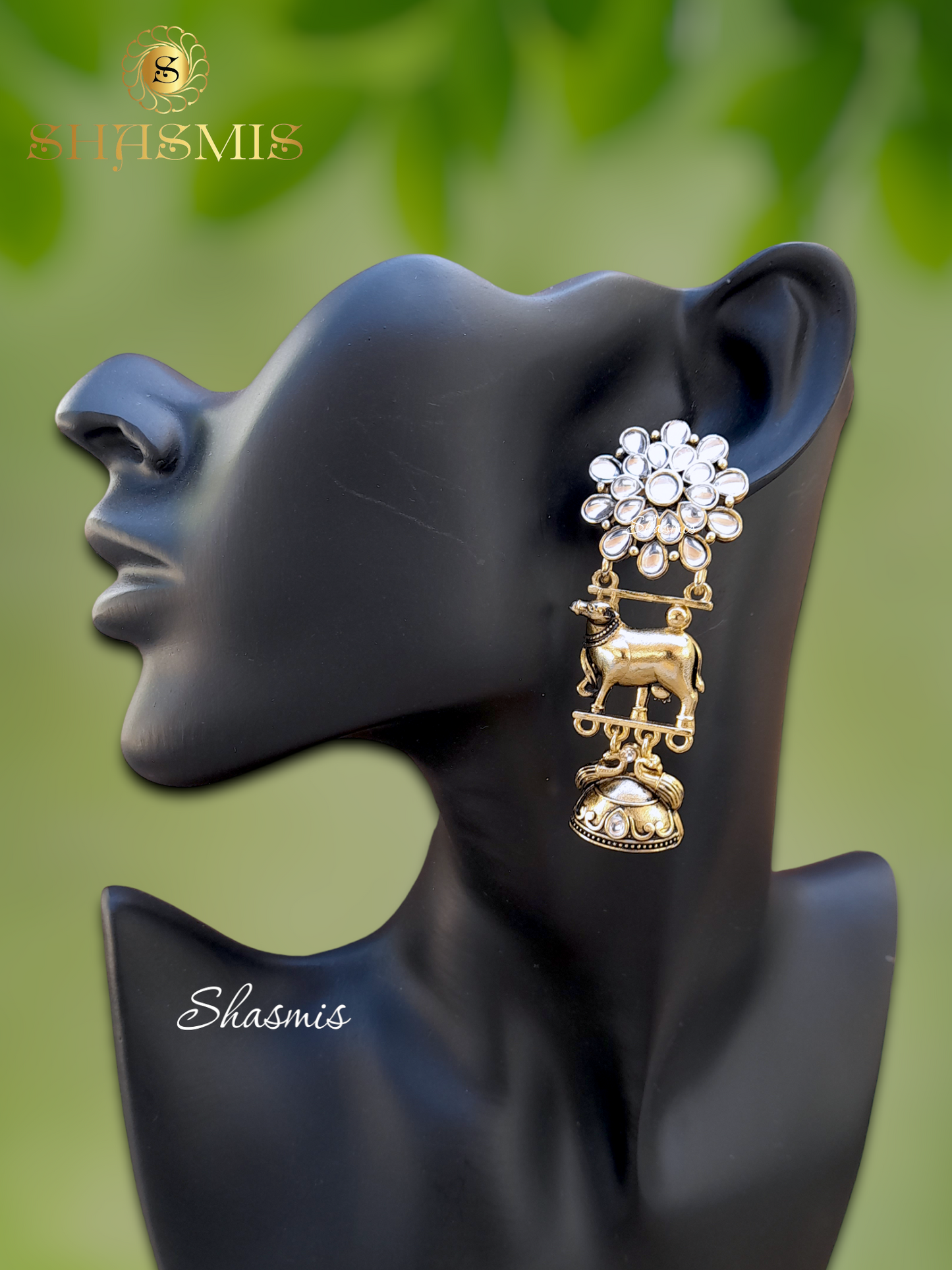 White Stones Cow Design Long Earrings
