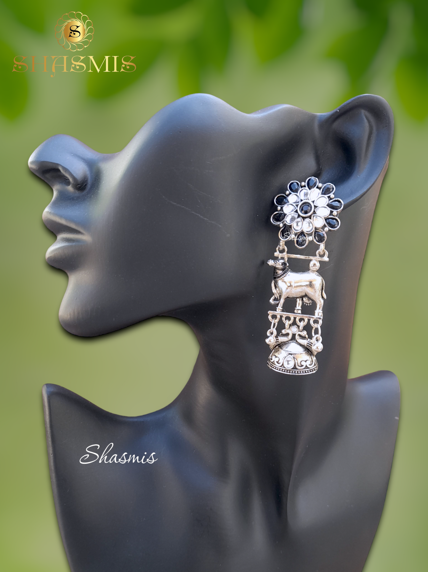Black Stone Long Cow Design Earrings