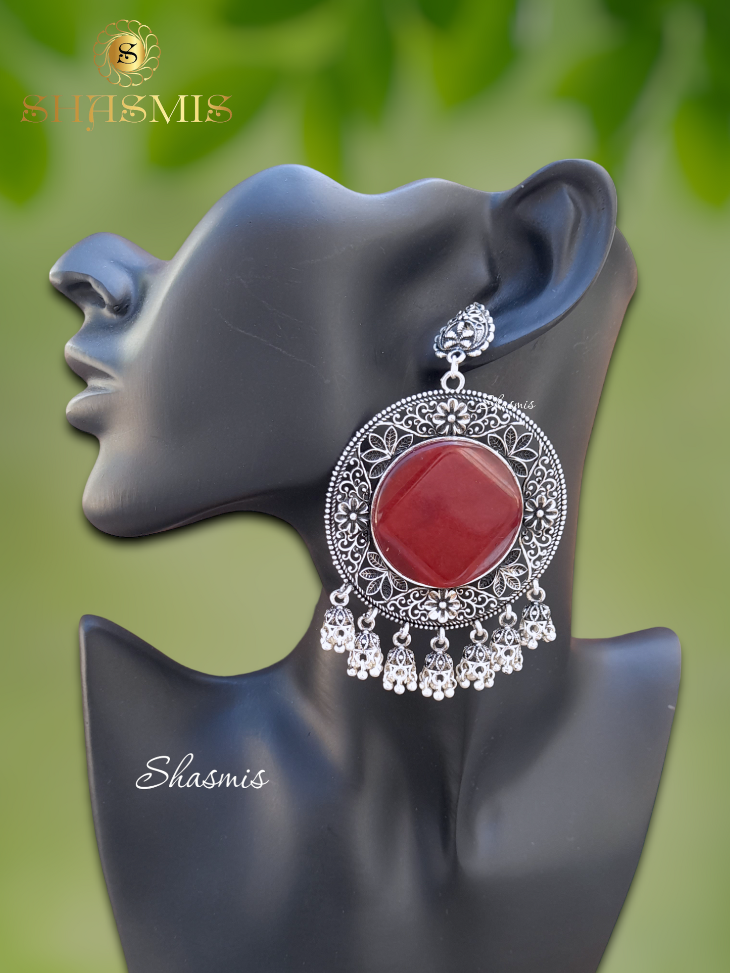 Maroon Stone Long Silver Oxidised Earrings