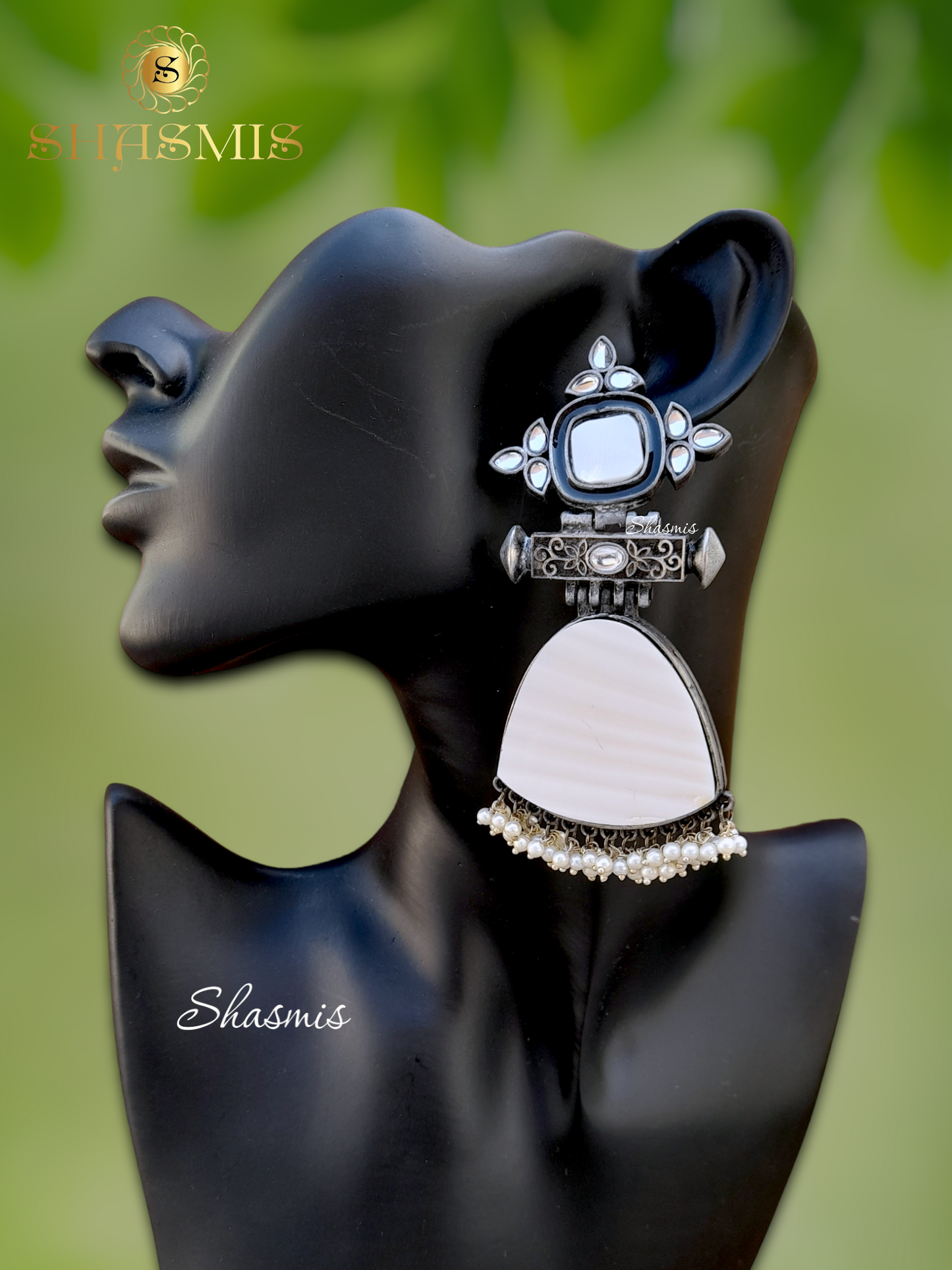 White Stone Long Silver Oxidised Earrings
