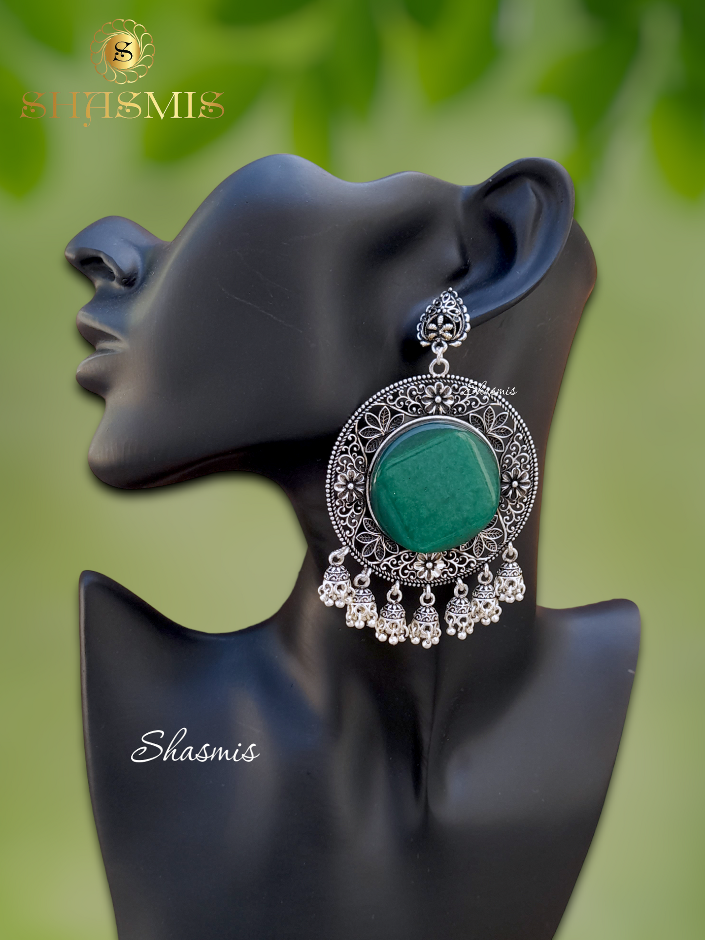 Green Stone Silver Oxidised Earrings